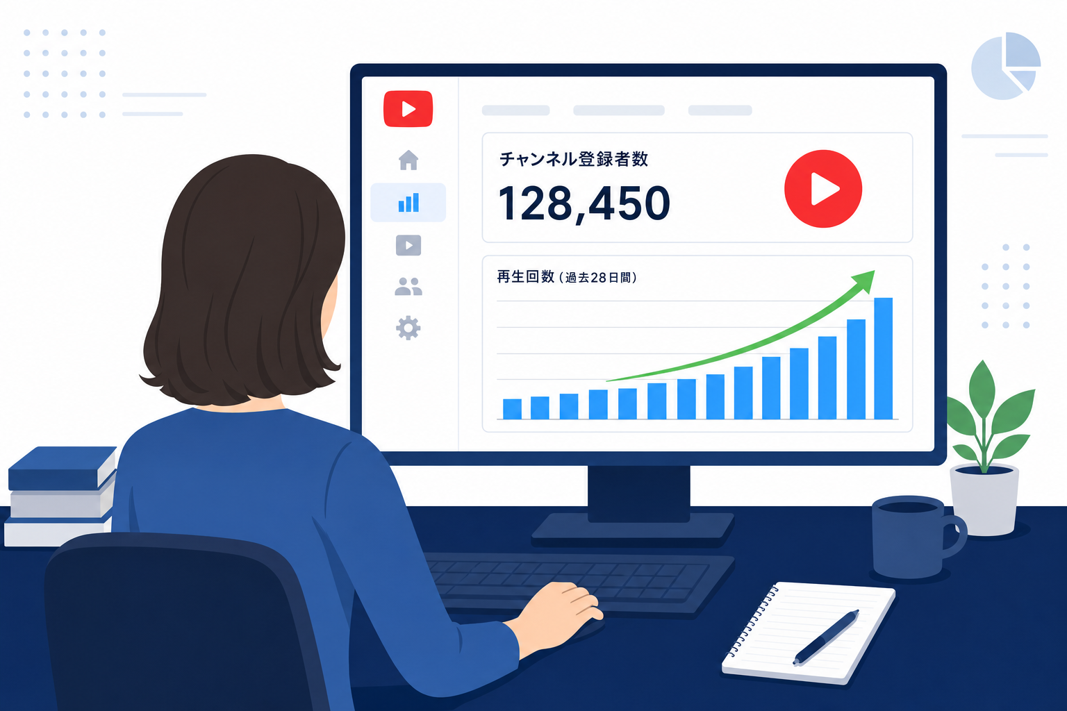 YouTubeチャンネルのアナリティクス画面を眺めている人の後ろ姿、再生数グラフが伸びている