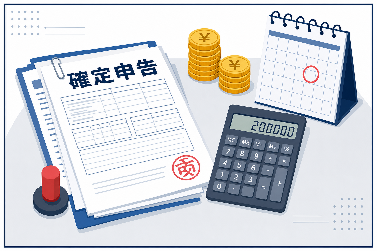 税務署のイメージ、書類と電卓が机に並んでいる