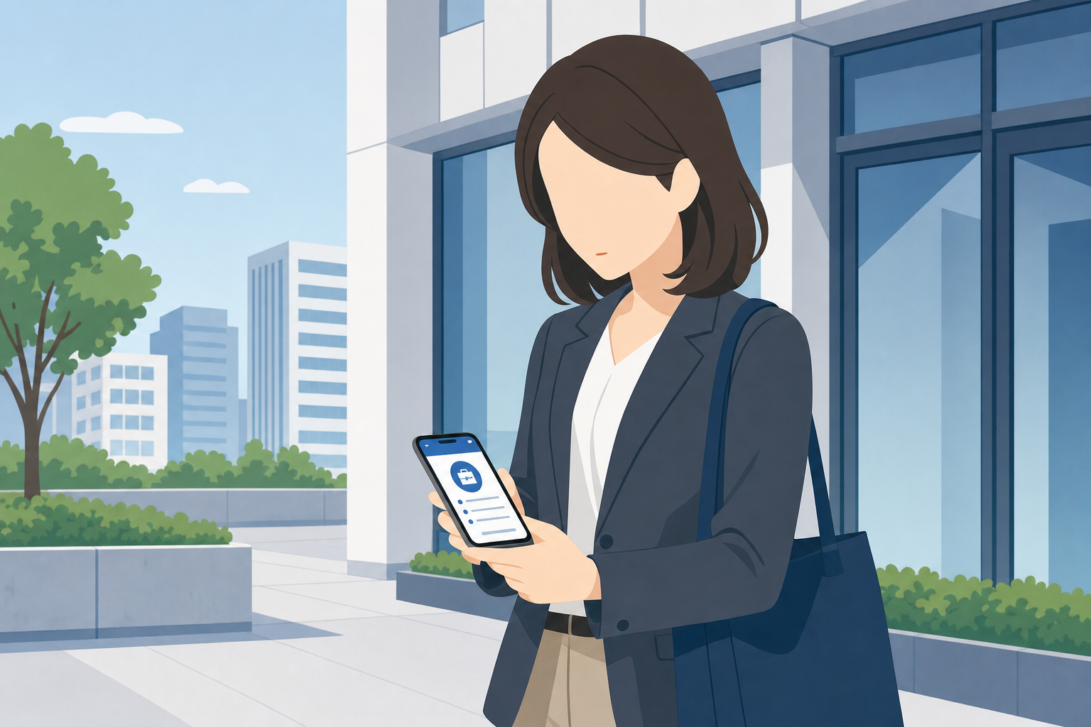 こっそりスマホを操作している人のイラスト、オフィス外の場所で