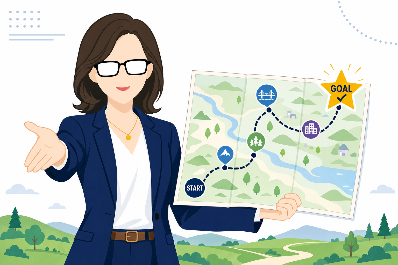 旅の終わりに地図を見ながら達成感を感じている人のイラスト、穏やかな表情