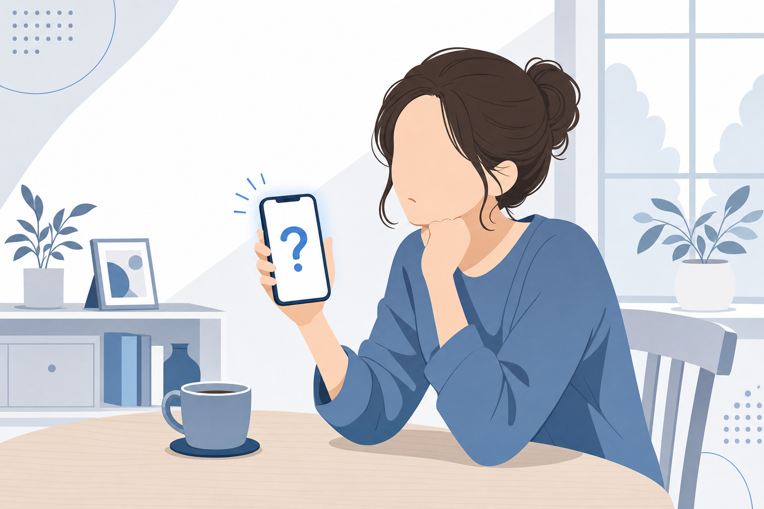 スマートフォンを手に持ち、テーブルに肘をついてぼんやり考え込む主婦の横顔