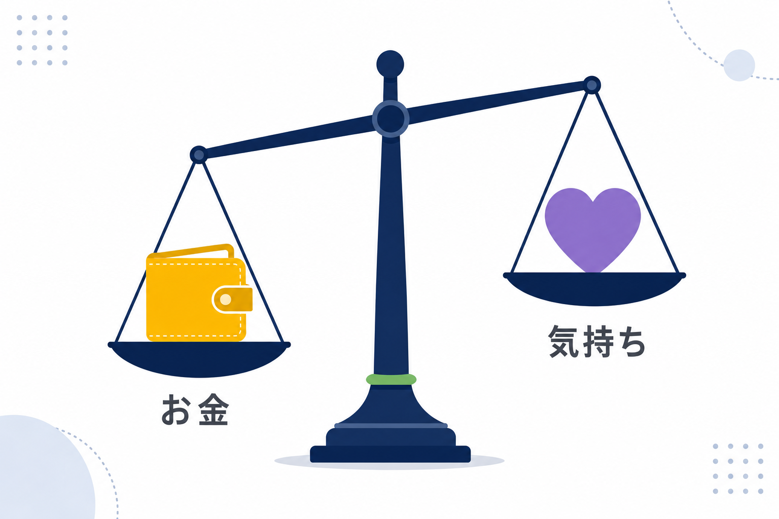 財布と心のイラストが天秤の上に乗っているシンプルなイメージ