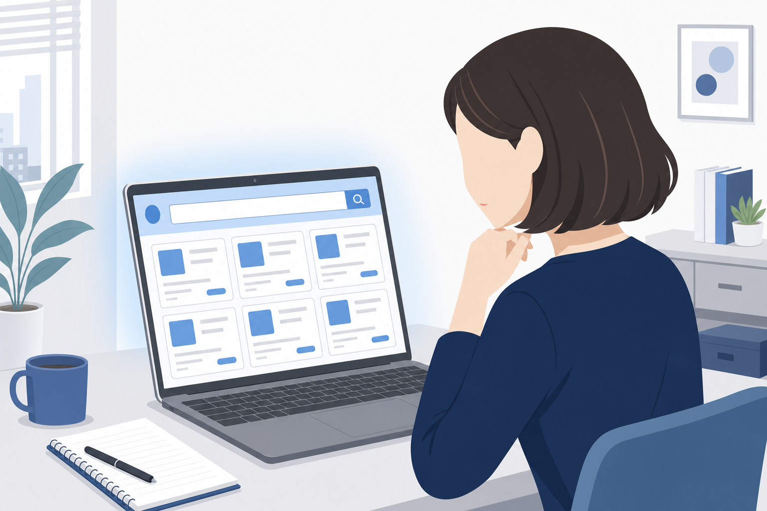 ハローワークや求人サイトを眺める女性のシーン