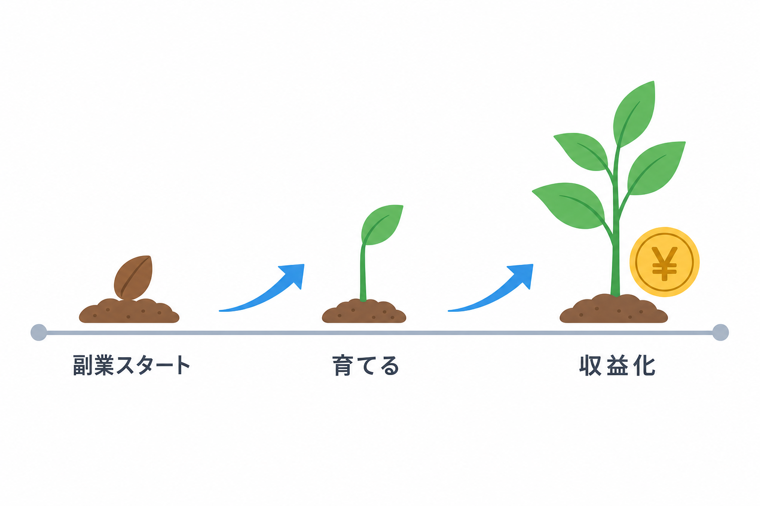 小さな芽が成長していくシンプルなイラスト。「副業スタート→育てる」のイメージ