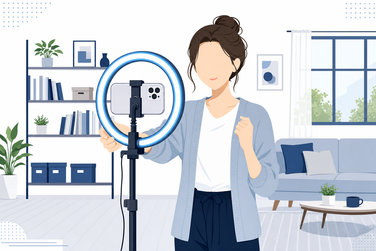スマートフォンでYouTubeを撮影している女性のシーン。明るいナチュラルな部屋