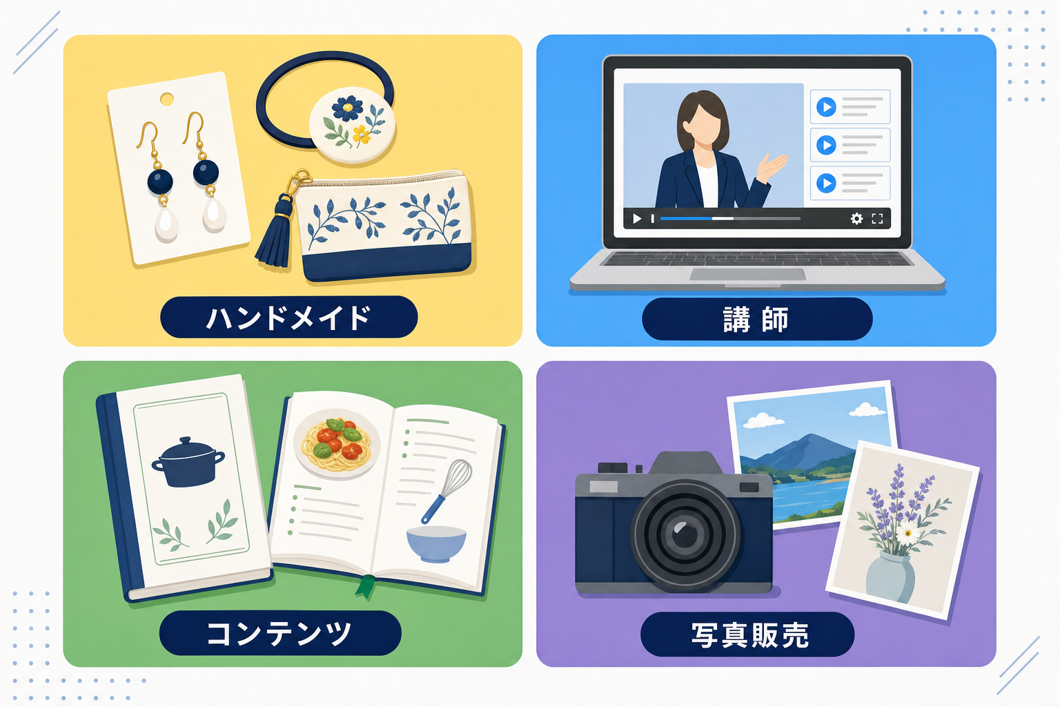 かわいい手作り商品やオンラインレッスンのシーンを並べたコラージュ風イメージ
