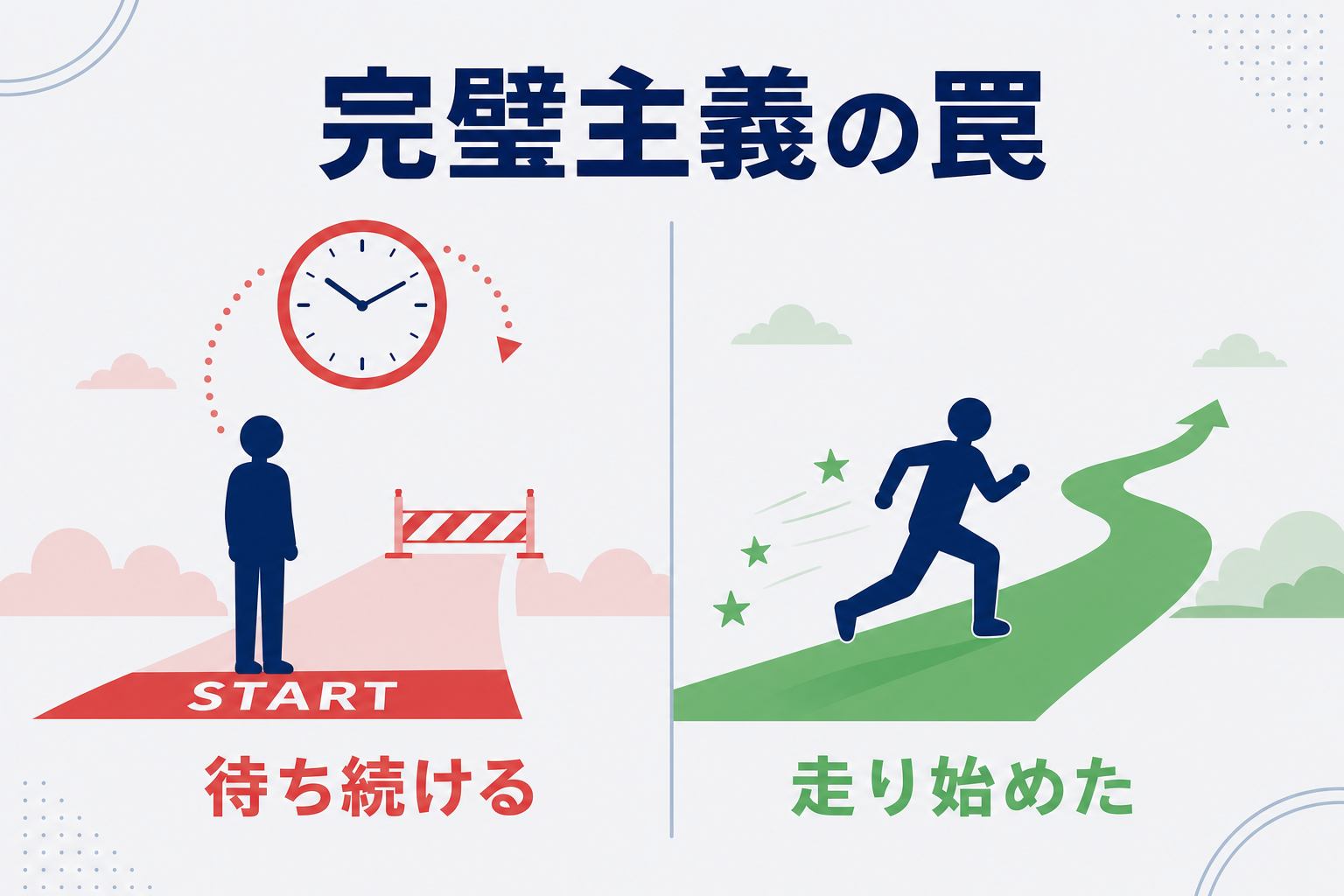 「完璧主義の罠」を示す、ゴールラインを待ち続ける人と走り始めた人の比較イラスト