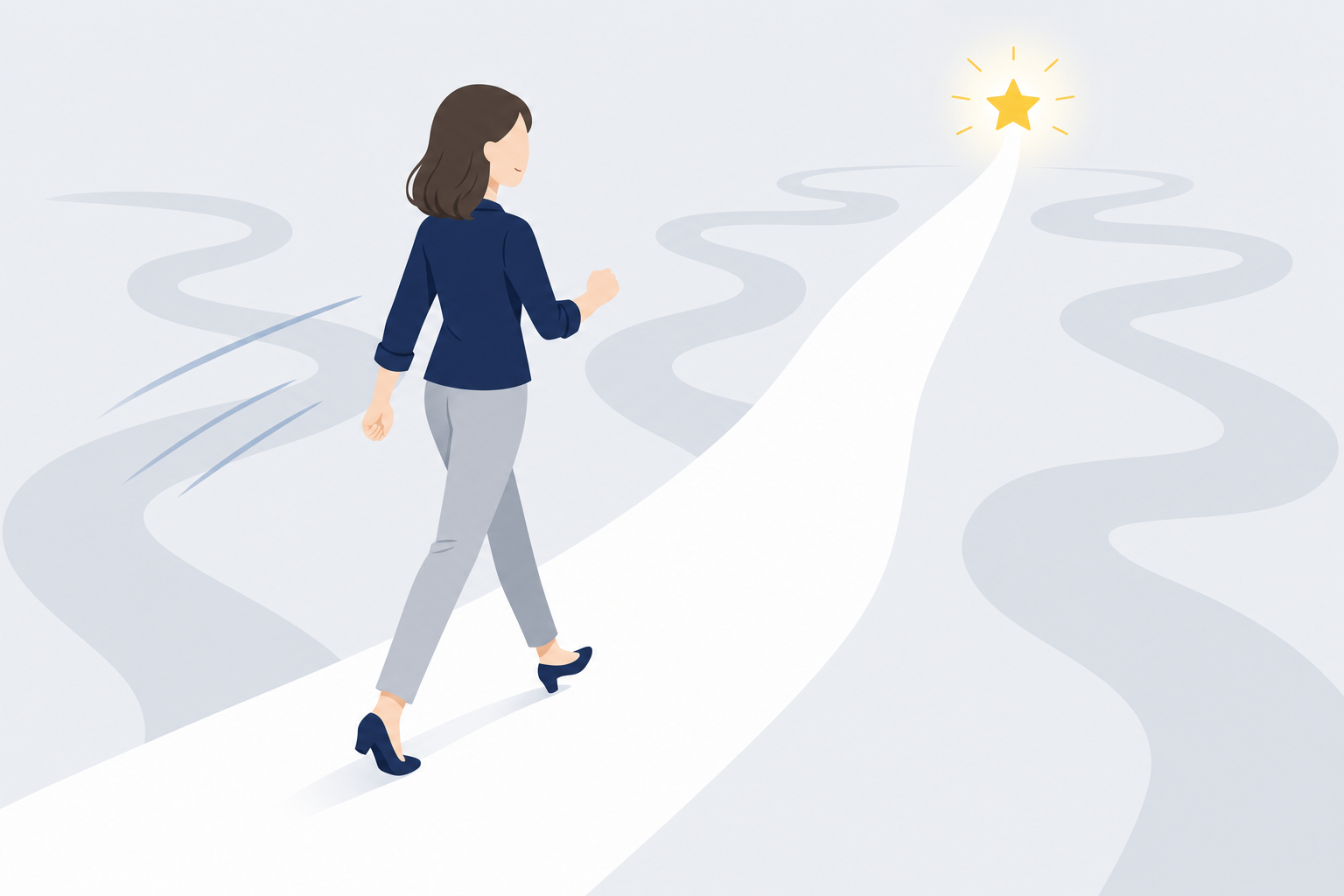 ひとつの道を選んで進む女性のイラスト。フォーカス感を表現