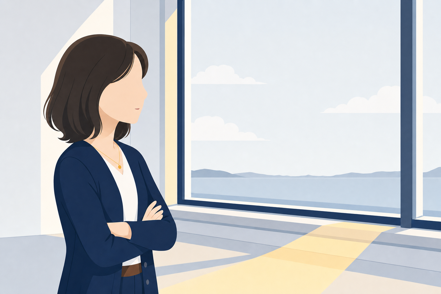 窓から外を見つめる女性。表情は穏やかだが、どこか遠くを見ているような目