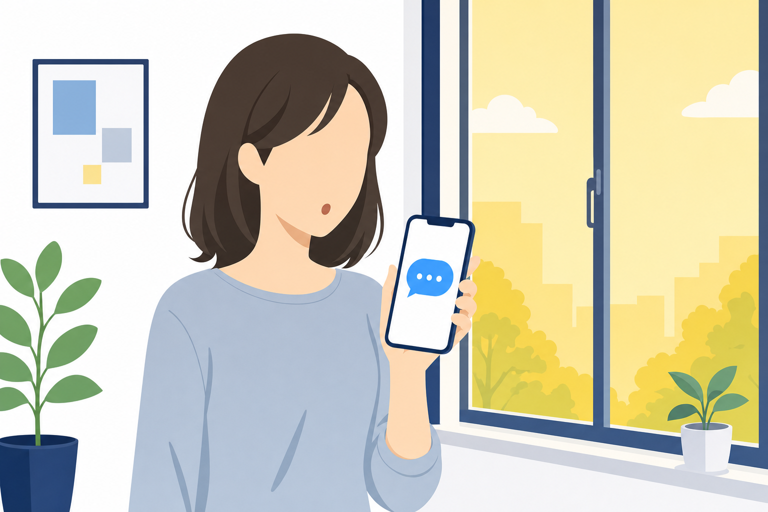 スマートフォンに届くメッセージを見ている女性。窓際のシーン