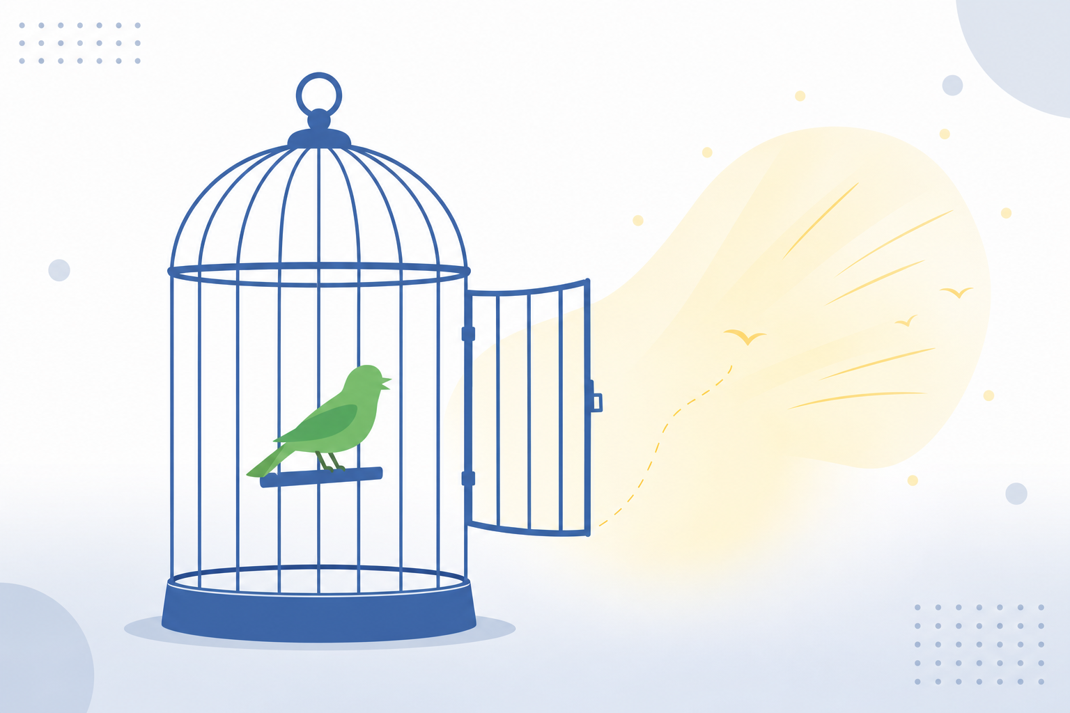 鳥かごの中の鳥が、開いた扉の前で迷っているようなイメージのイラスト風