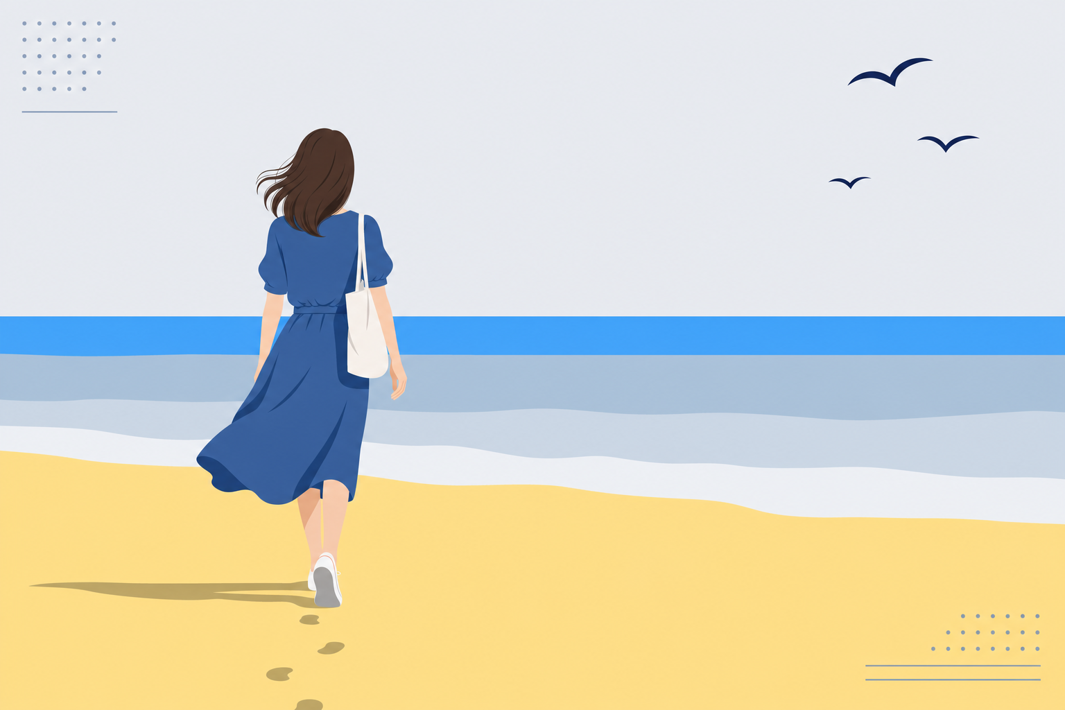 海辺を歩く女性の後ろ姿。風が髪を揺らしている。解放感のあるシーン
