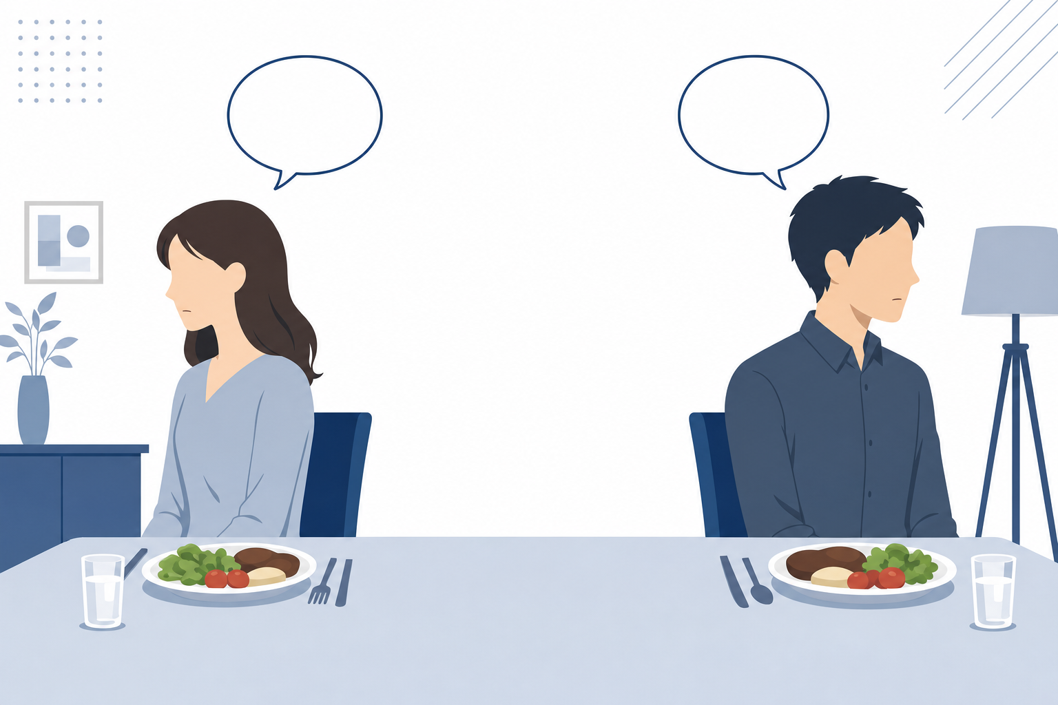 テーブルをはさんで沈黙が続く夫婦のイメージ。食事が手つかずのまま