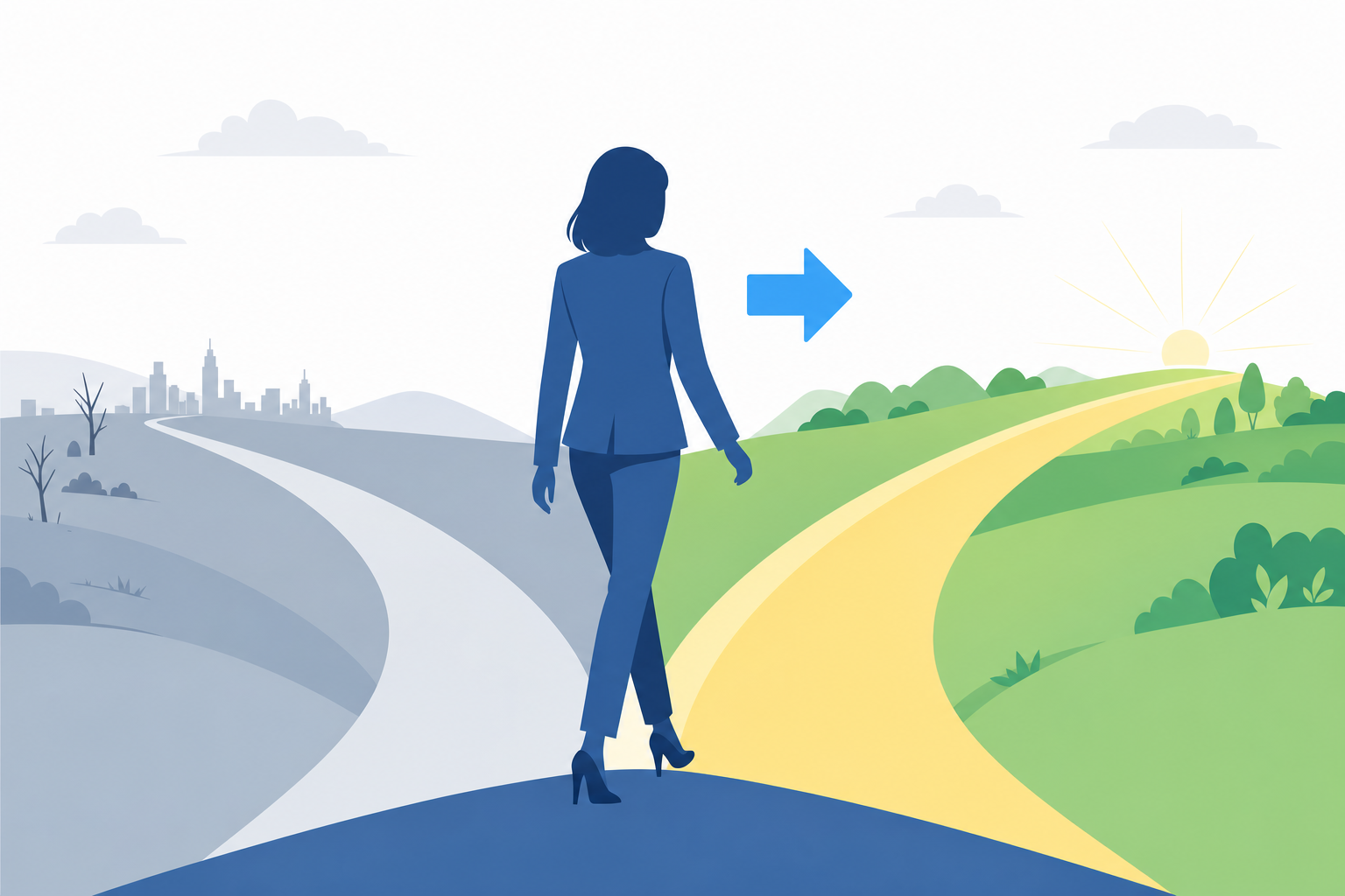 分岐路に立って新しい方向を向く女性のシルエット。前向きな雰囲気