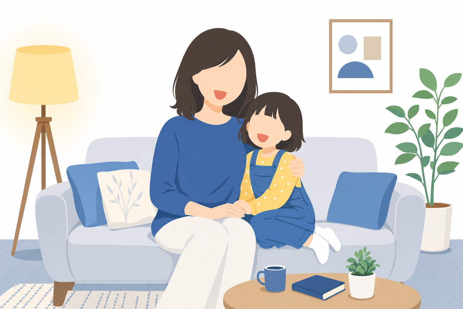 母親が子供と一緒に笑っているシーン。温かい光の中でのリビングの風景