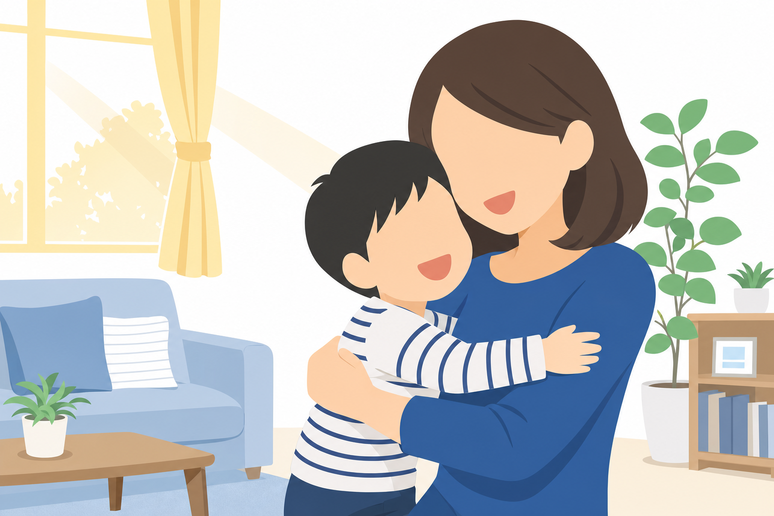 子供が母親にぎゅっと抱きついているシーン。母親は笑顔。明るい部屋