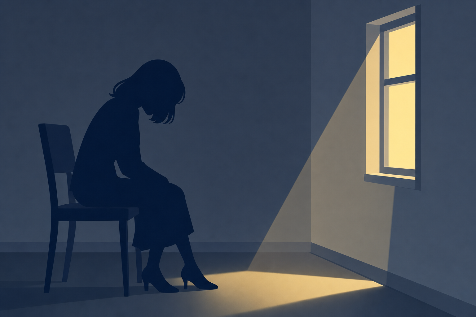 暗い部屋でうなだれている女性のシルエット。外の明かりだけが差し込んでいる