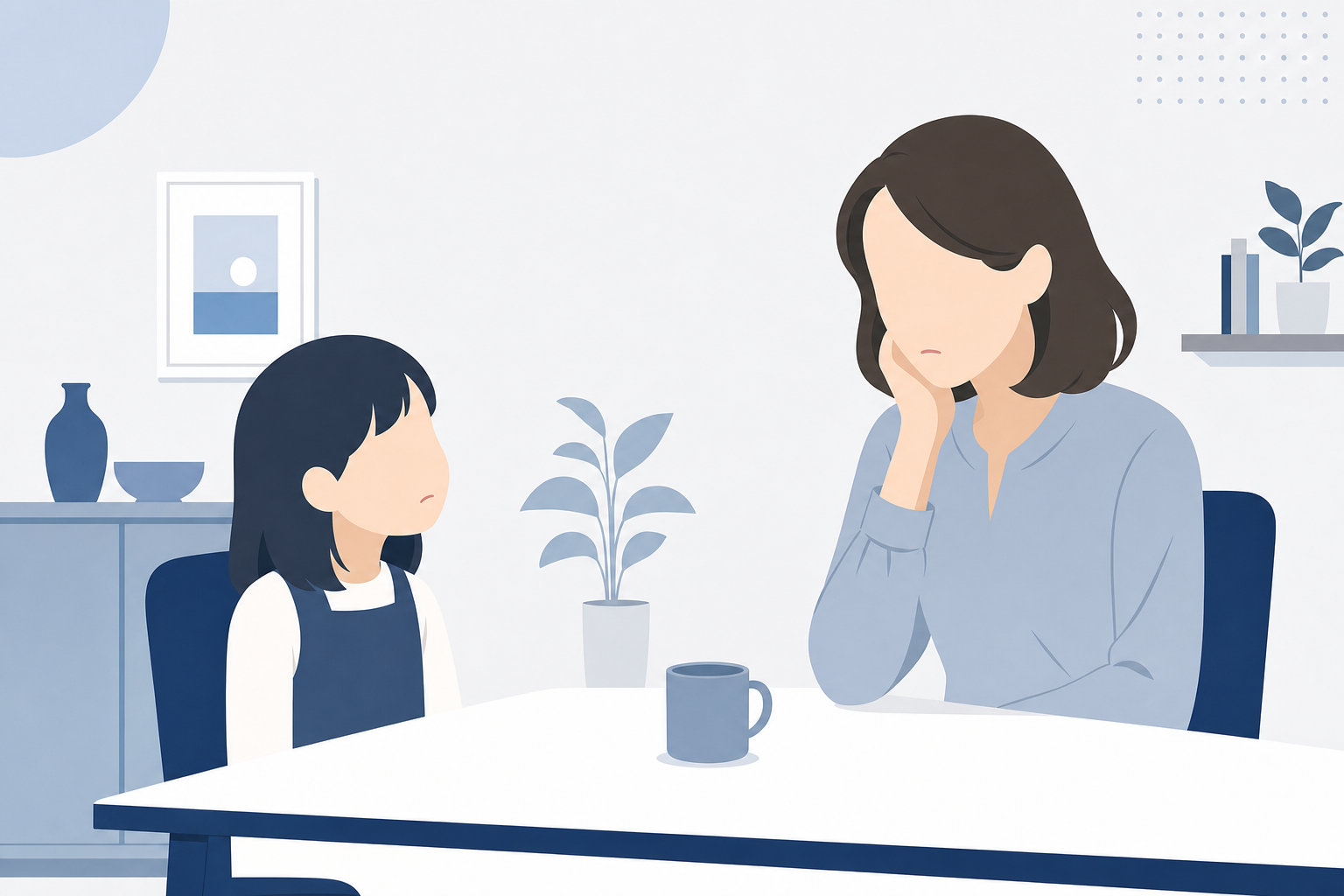 子供が母親の表情をじっと見つめているシーン。静かな家の中