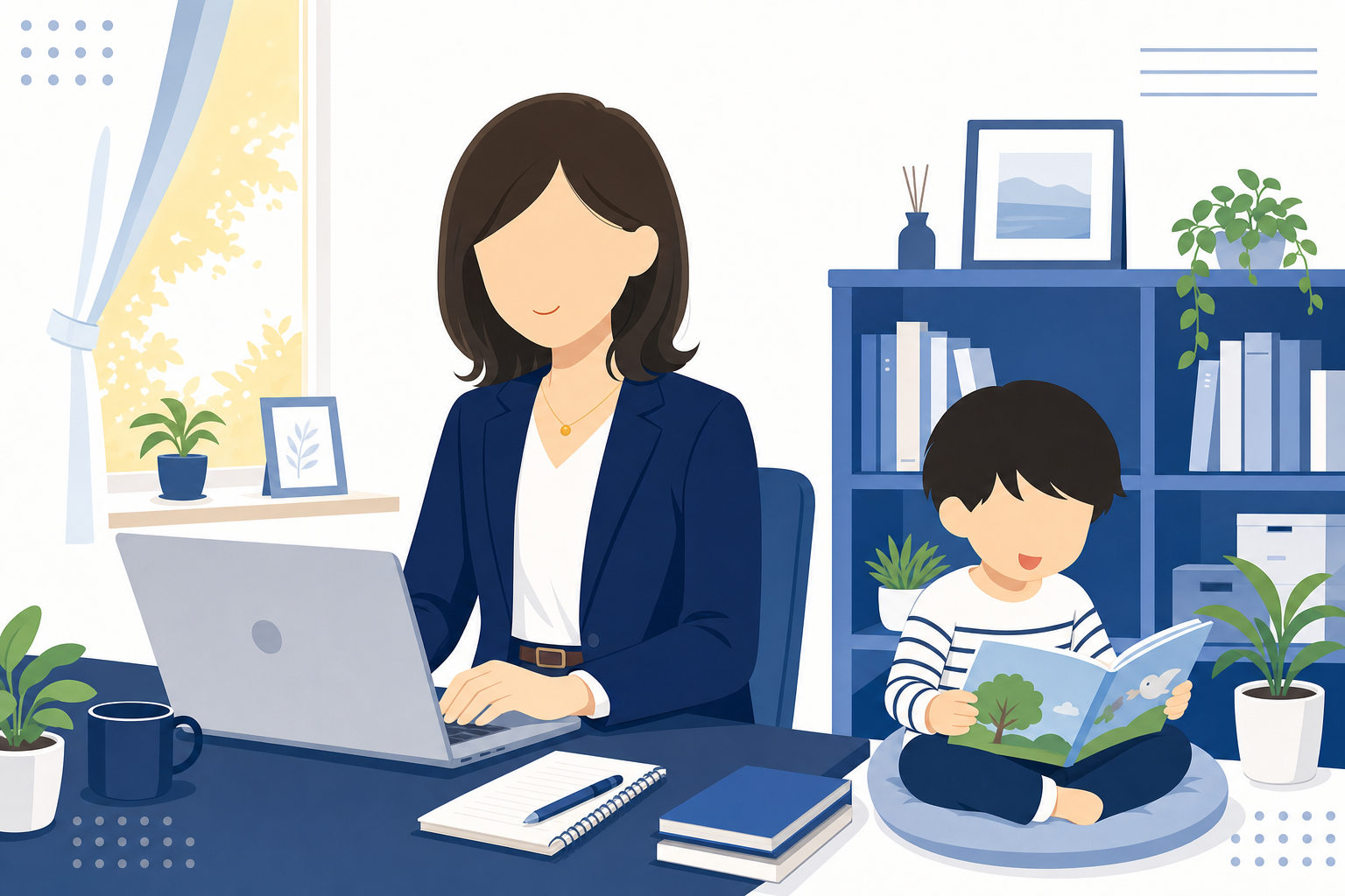 自宅でパソコンを開き、子供が隣で本を読んでいる。穏やかな在宅ワークのシーン