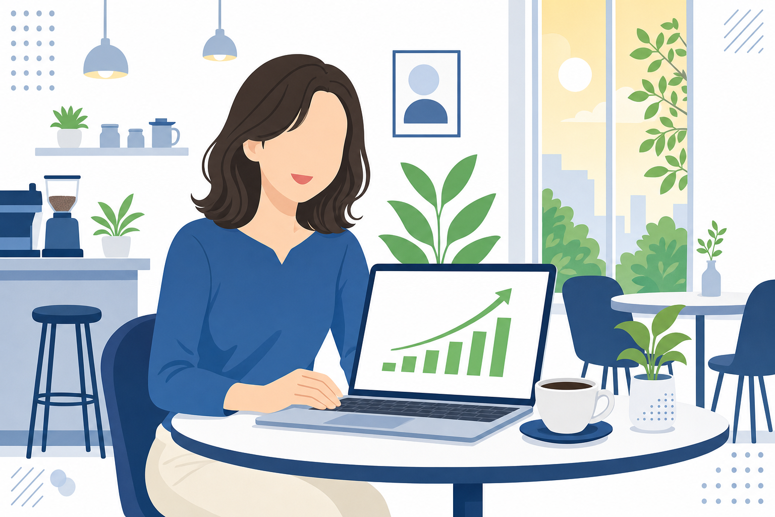 カフェで仕事をする女性。笑顔でノートPCを見ている。穏やかな雰囲気