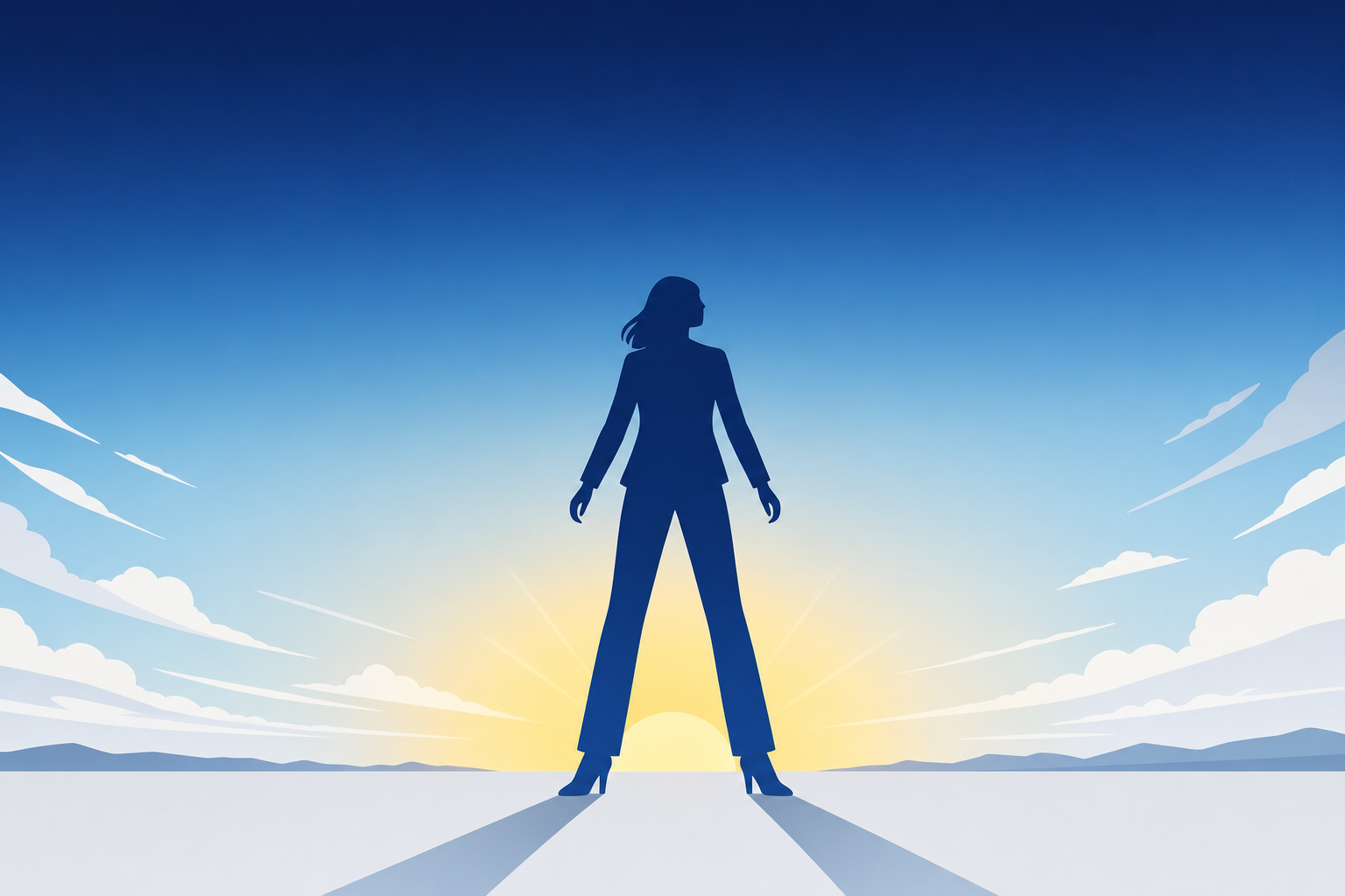 自立して立っている女性のシルエット。背景に広い空が広がっている