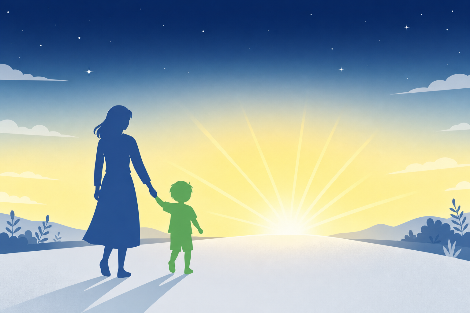 子供の手を握りながら前を向く母親のシルエット。希望のある光の中