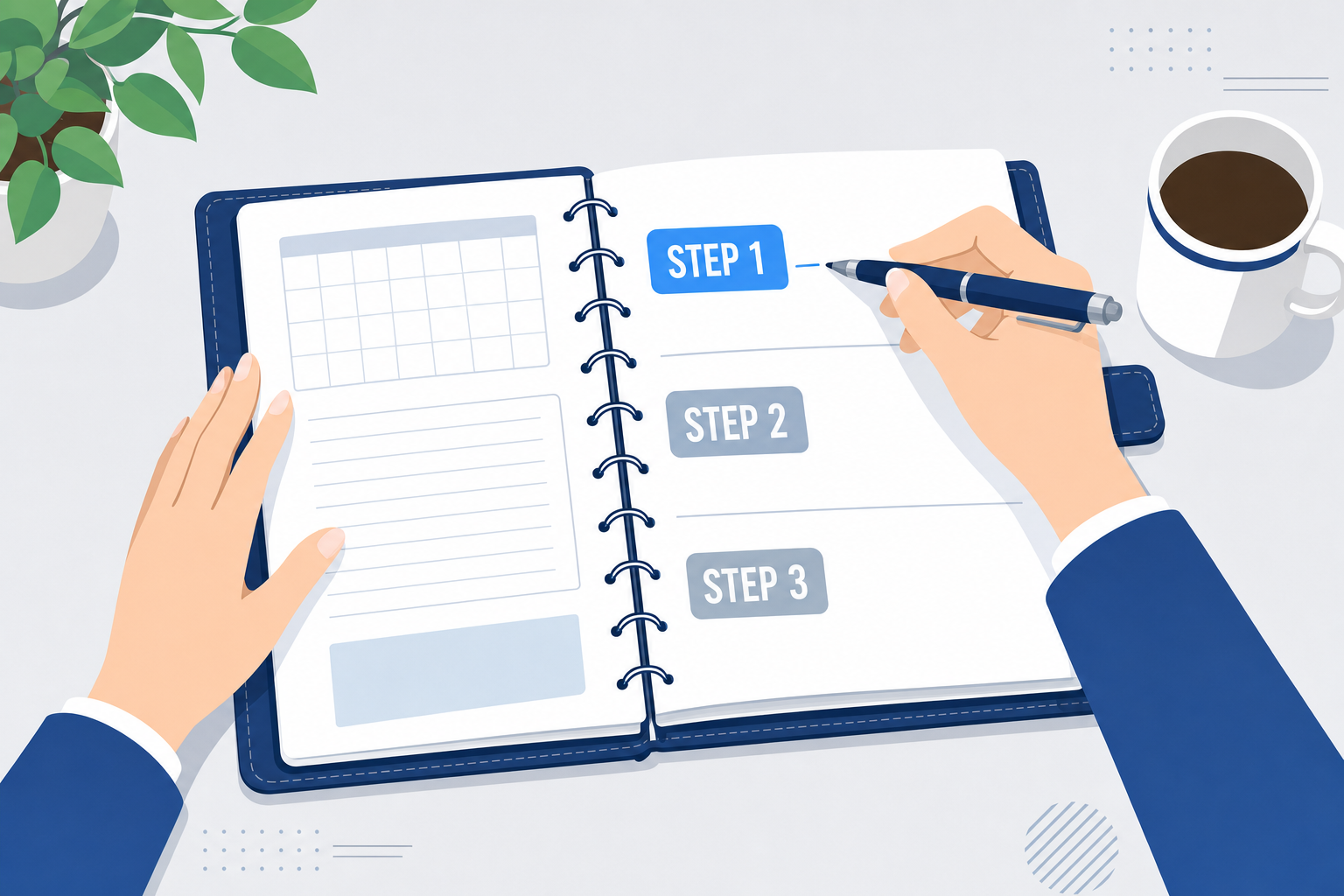 手帳を開いて「ステップ1」と書き込んでいるシーン