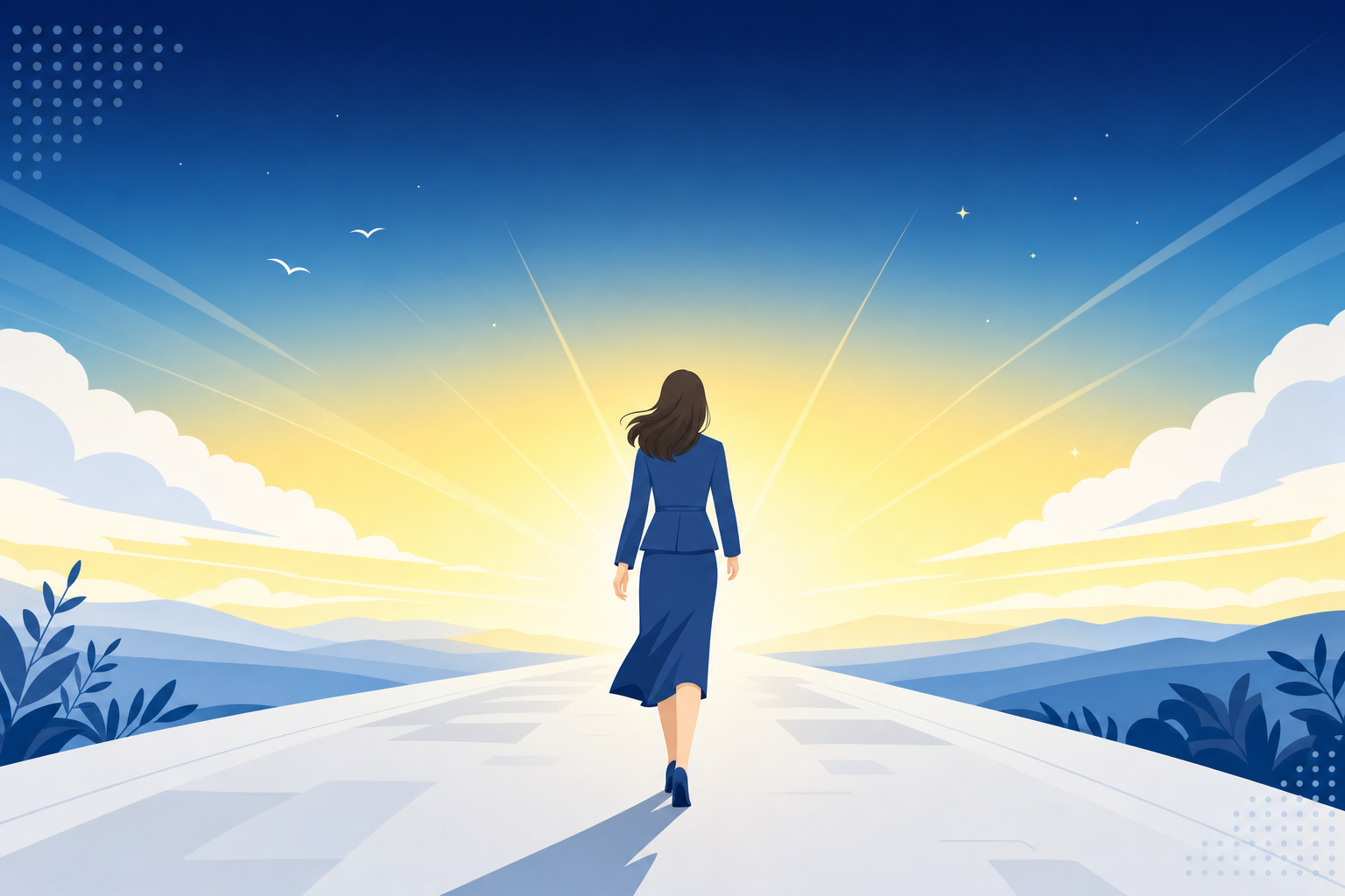 前を向いて歩き出す女性の後ろ姿。明るい光の中への一歩