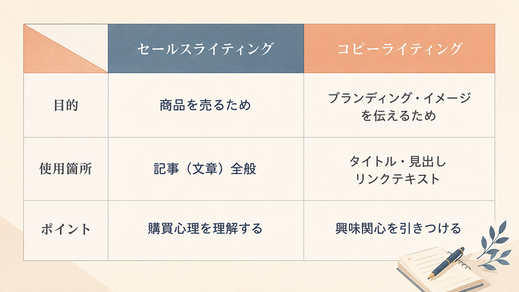 セールスとコピーライティングの比較表