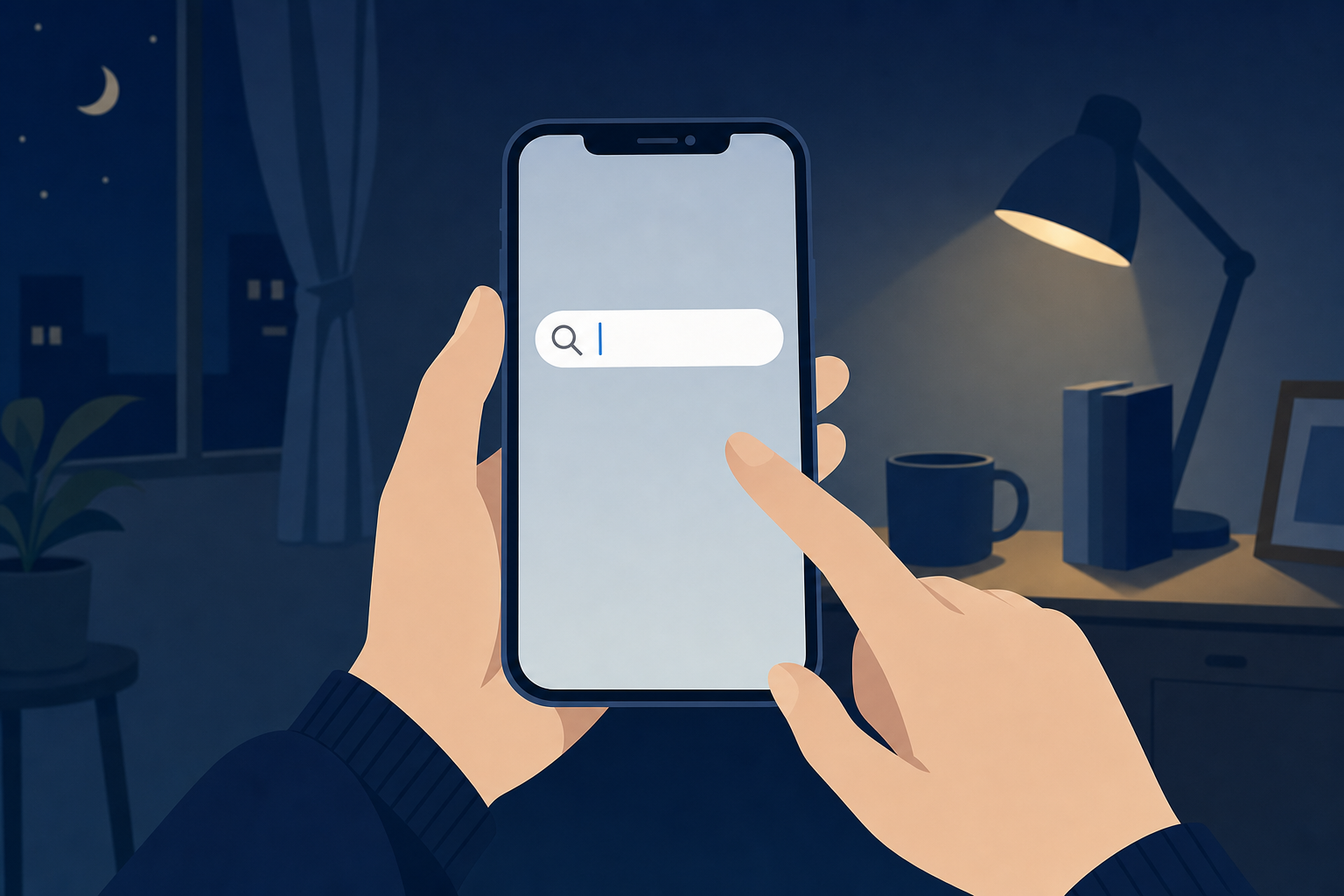 夜中にスマホを持ちながら「仕事 辞めたい」と検索しようとしている手元のシーン、薄暗い部屋の中