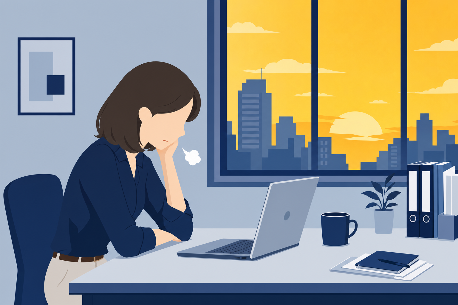 机の前でため息をつきながら仕事をしている会社員の横顔、窓の外は夕日