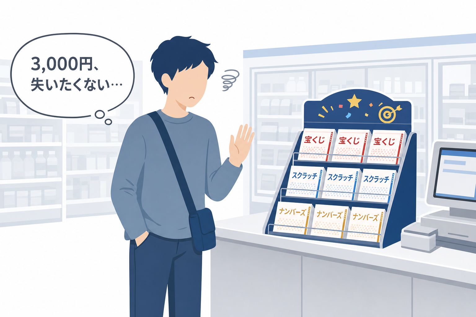 コンビニのくじびきをためらっている人のイラスト。吹き出しに「3000円失いたくない…」と書かれている