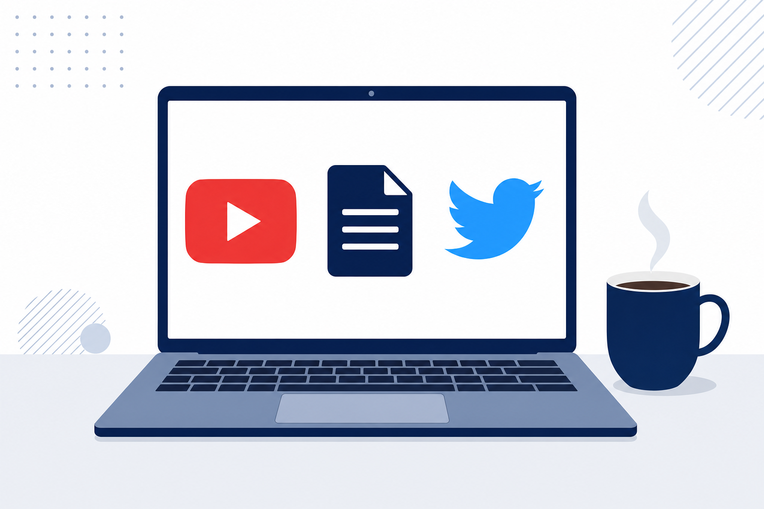 ノートパソコンの画面にYouTube・note・SNSのアイコンが並んでいる。テーブルの上にコーヒーカップ