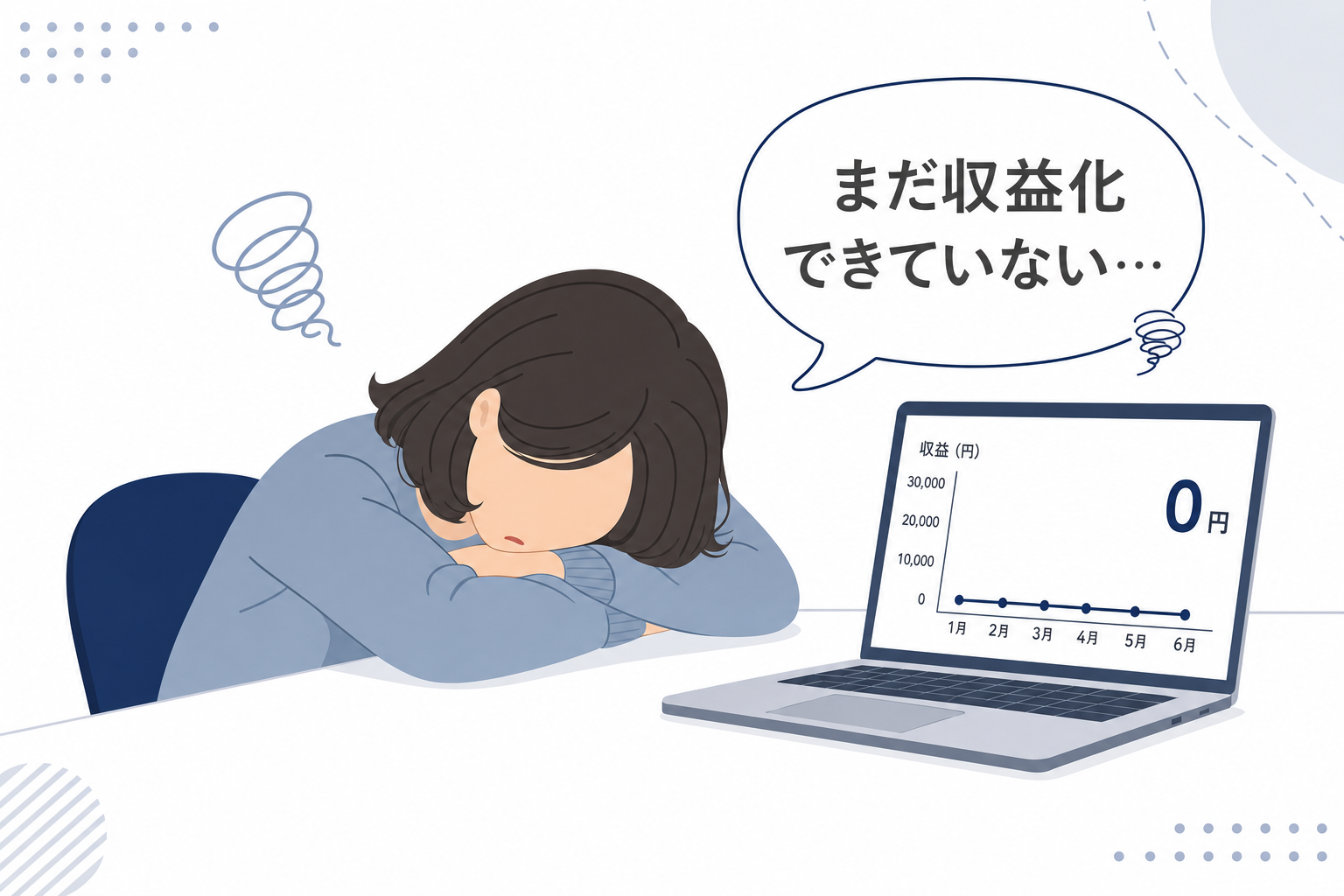 長い道のりを歩いて疲れ果てたキャラクターのイラスト。「まだ収益化できていない…」の吹き出し