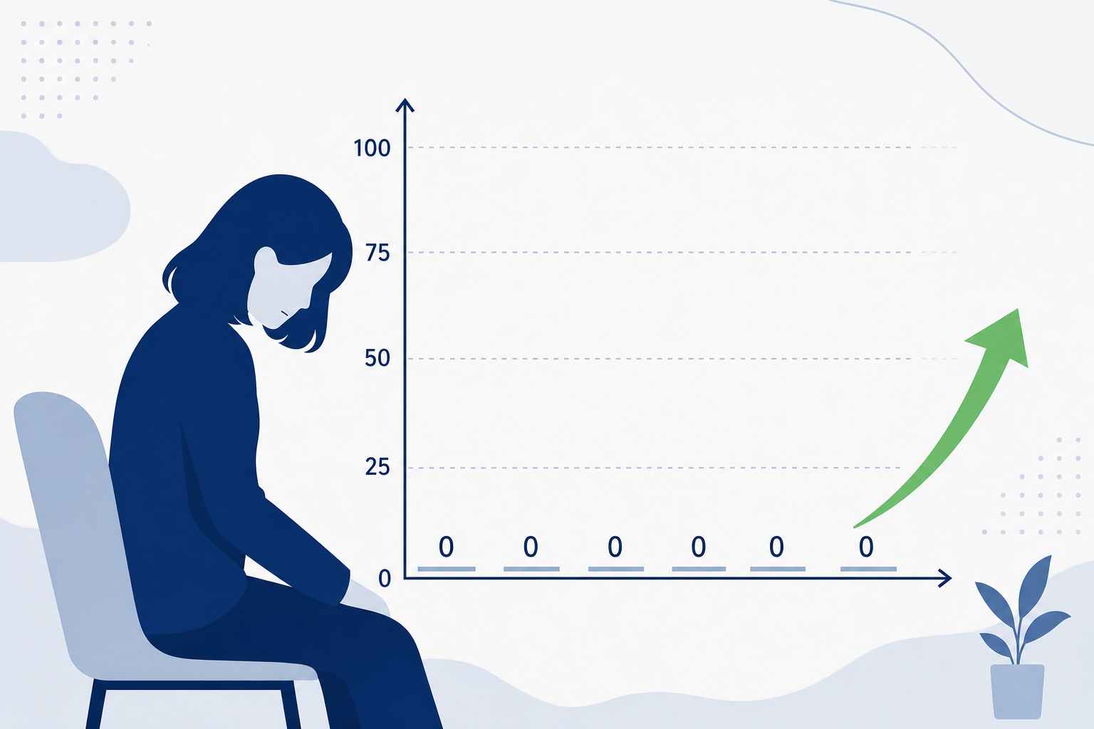 売上ゼロのグラフの前でうつむいている人のシルエット。でも背景はやわらかい色調