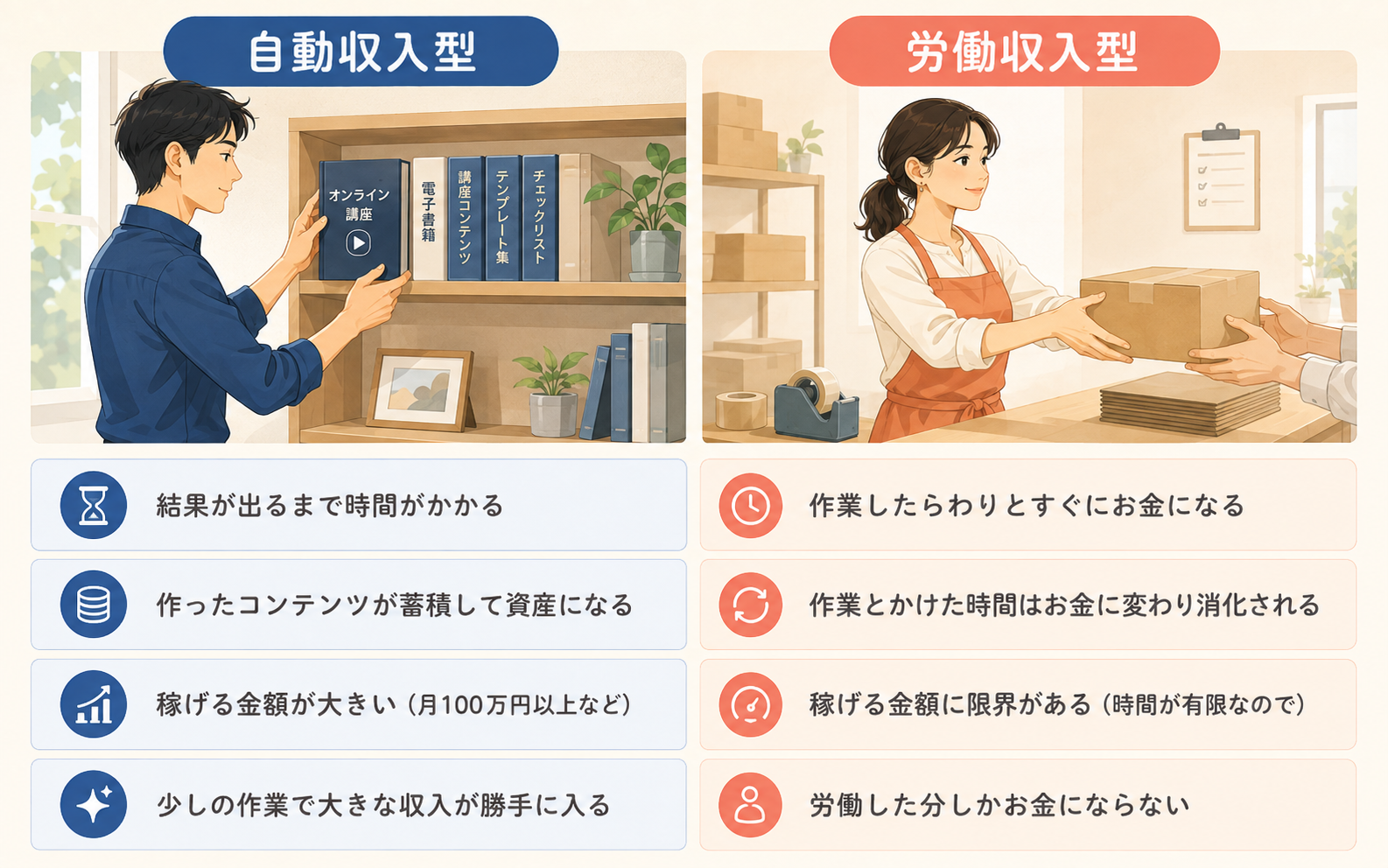 自動収入型と労働収入型を収益化の時間・資産の蓄積・収入の上限・作業量の4項目で比較