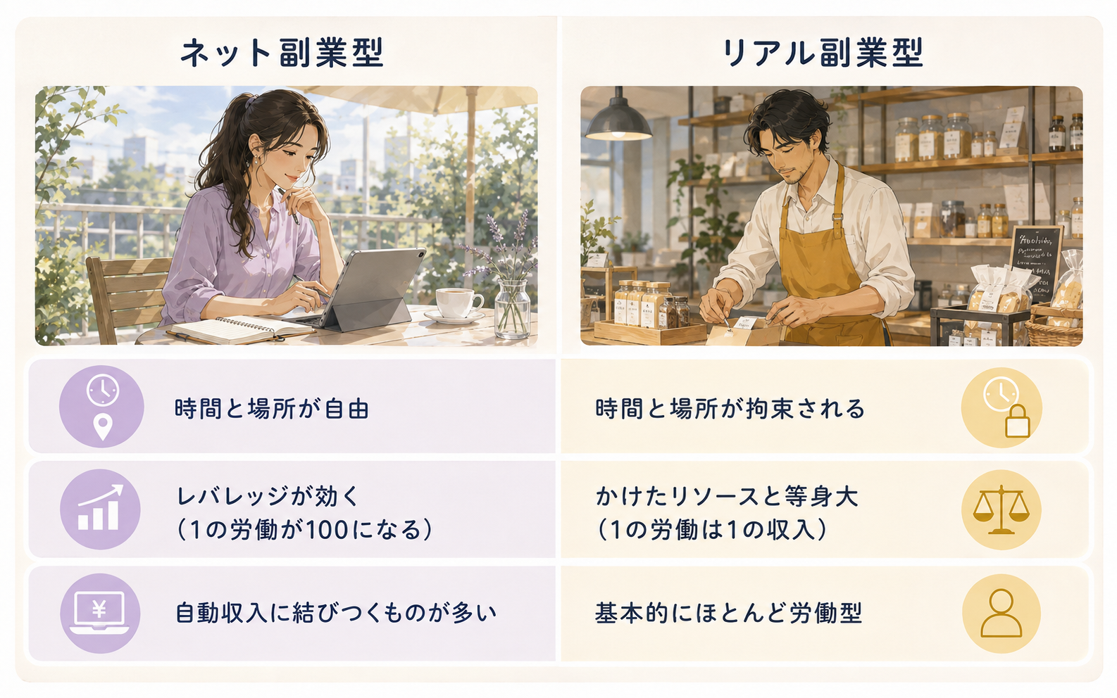 ネット副業型とリアル副業型を時間と場所・レバレッジ・収入形態の3項目で比較