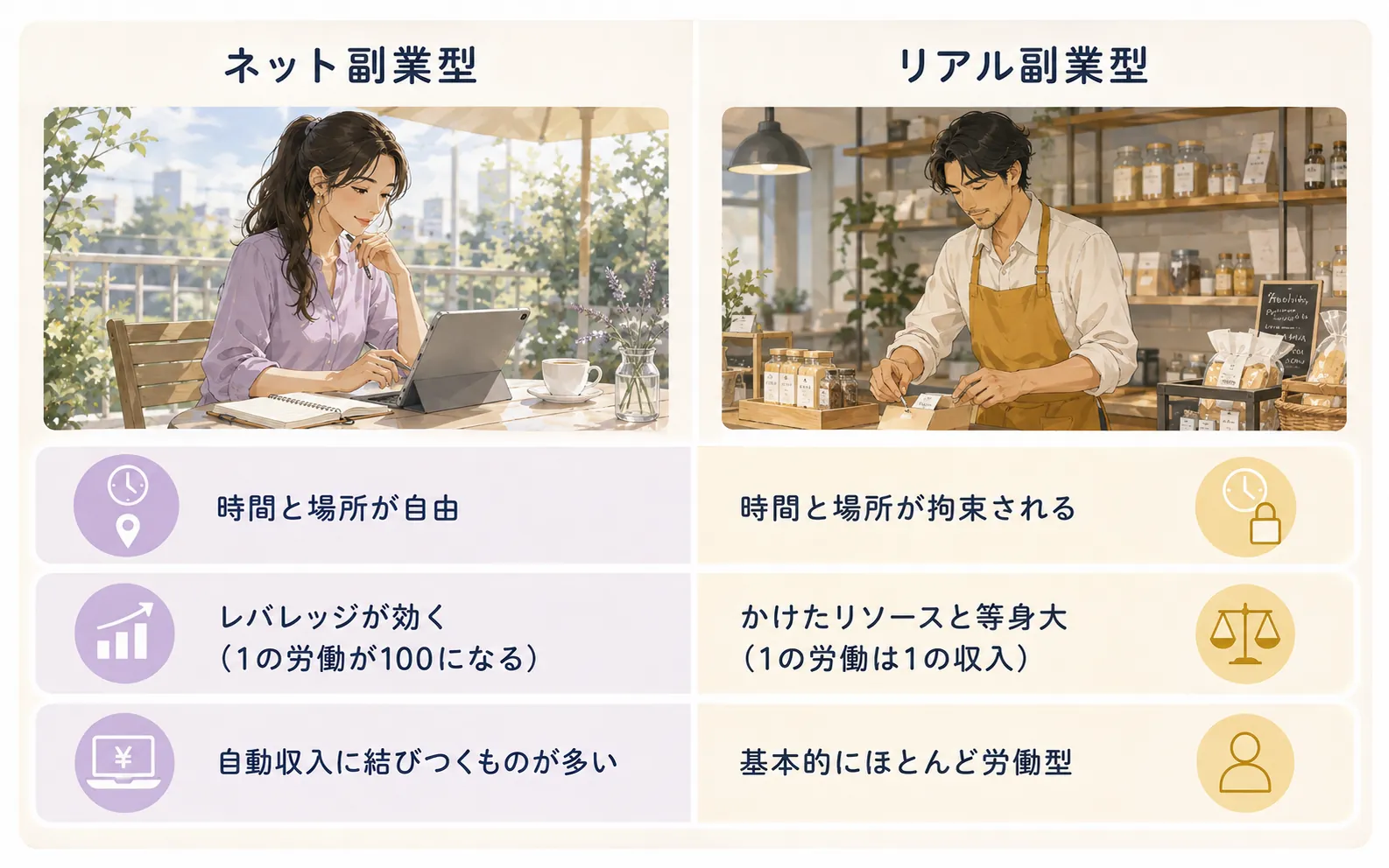 ネット副業型とリアル副業型を時間と場所・レバレッジ・収入形態の3項目で比較