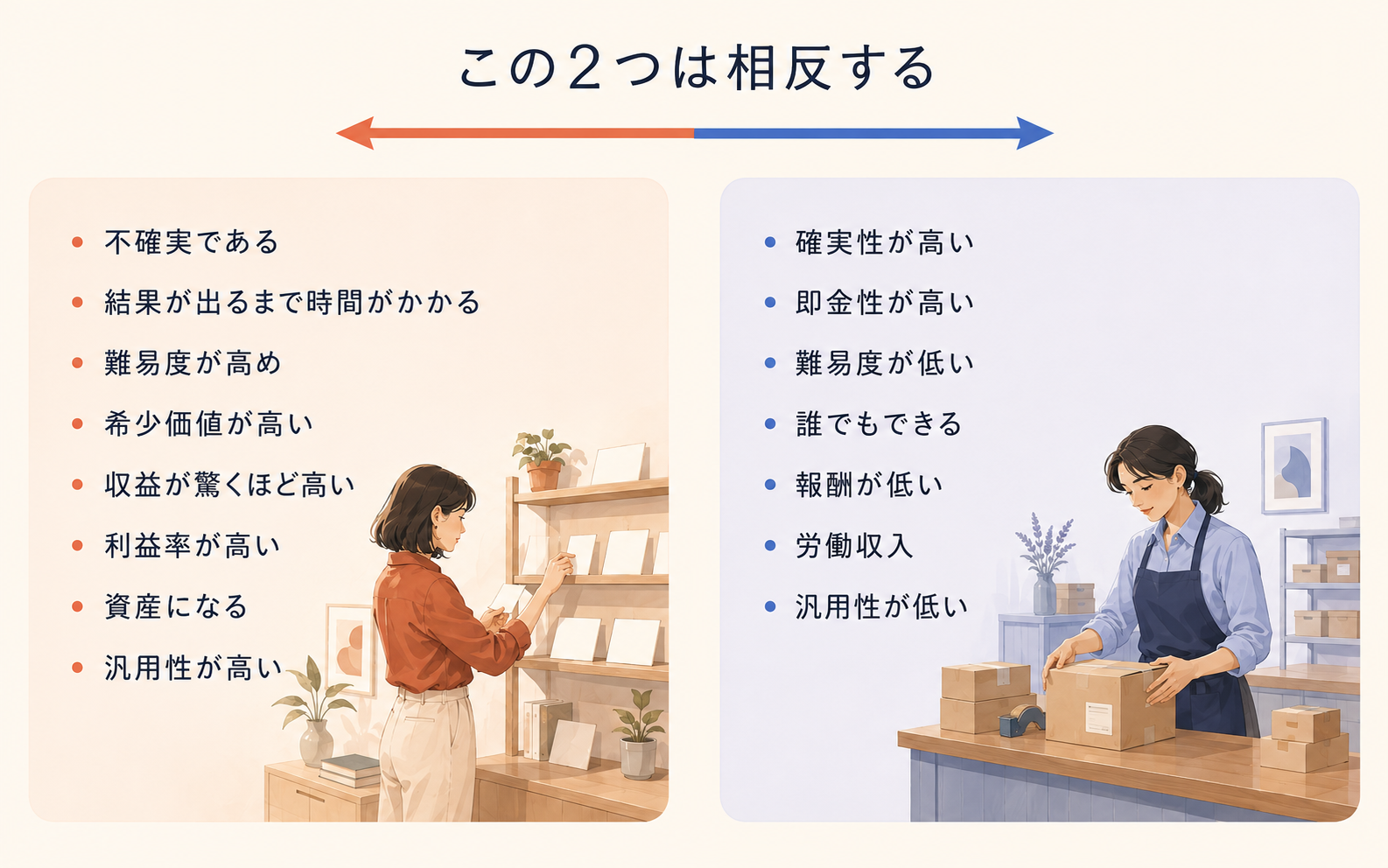 不確実性と資産性を持つ働き方の8特性と、確実性と即金性を持つ働き方の7特性を対比