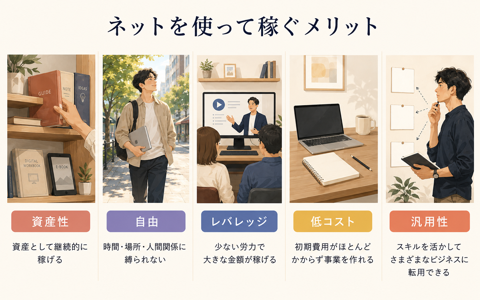 ネットで稼ぐメリットとして資産性・自由・レバレッジ・低コスト・汎用性の5つを示す図