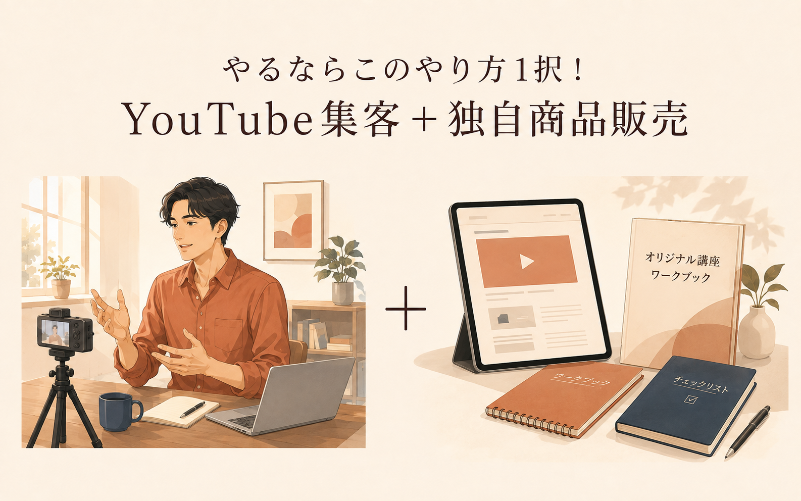 YouTubeでの情報発信と独自商品販売を組み合わせるイラスト