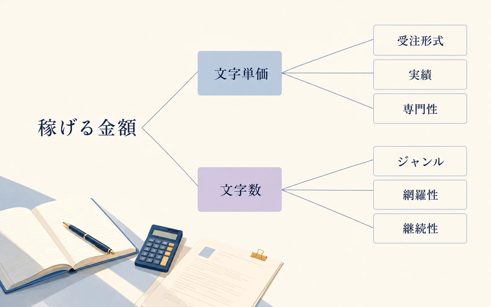 稼げる金額に関係する文字単価と文字数。文字単価の要因は受注形式・実績・専門性、文字数の要因はジャンル・網羅性・継続性。
