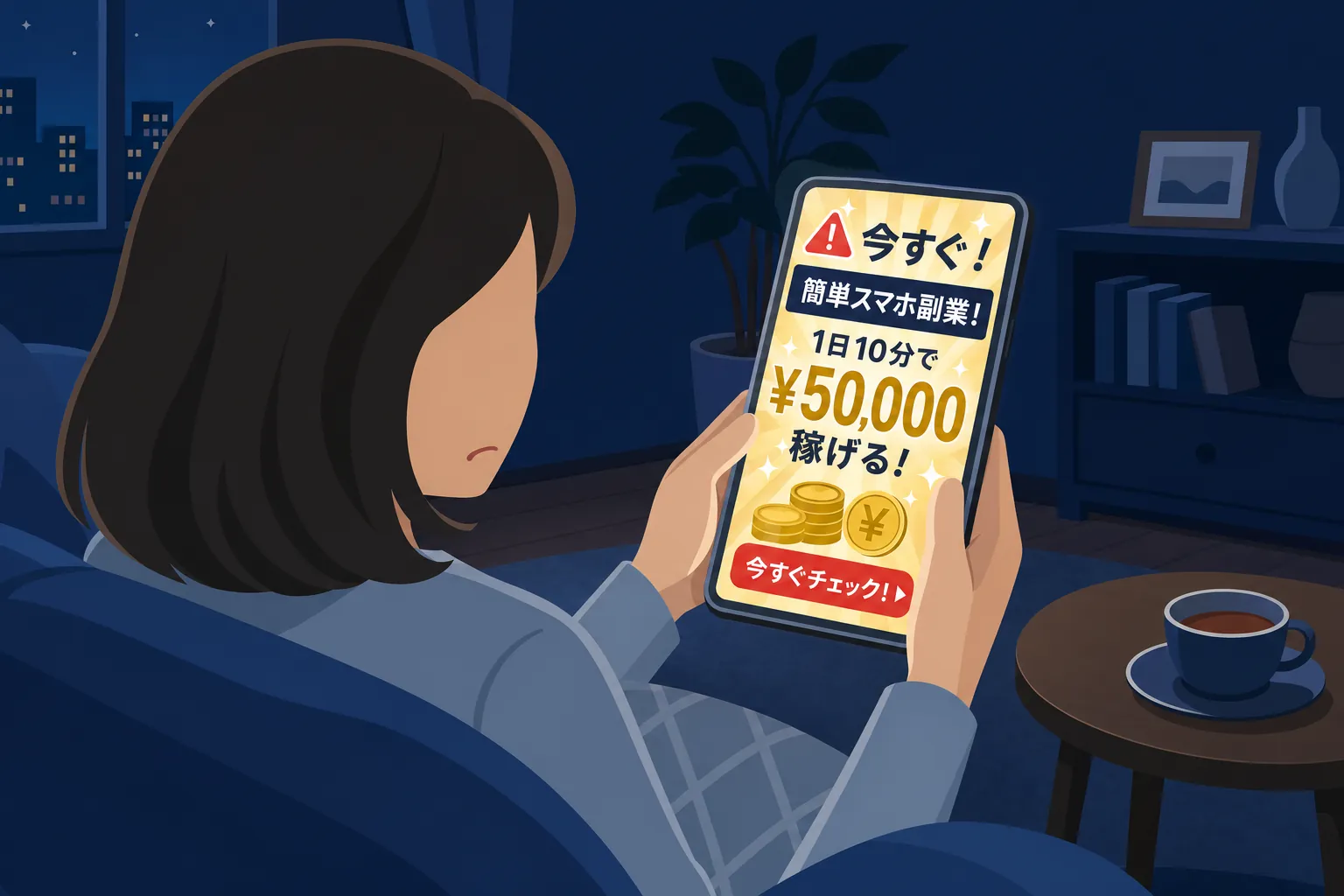 夜のリビングでスマホの副業広告を見つめ、不安そうに首をかしげる女性の手元