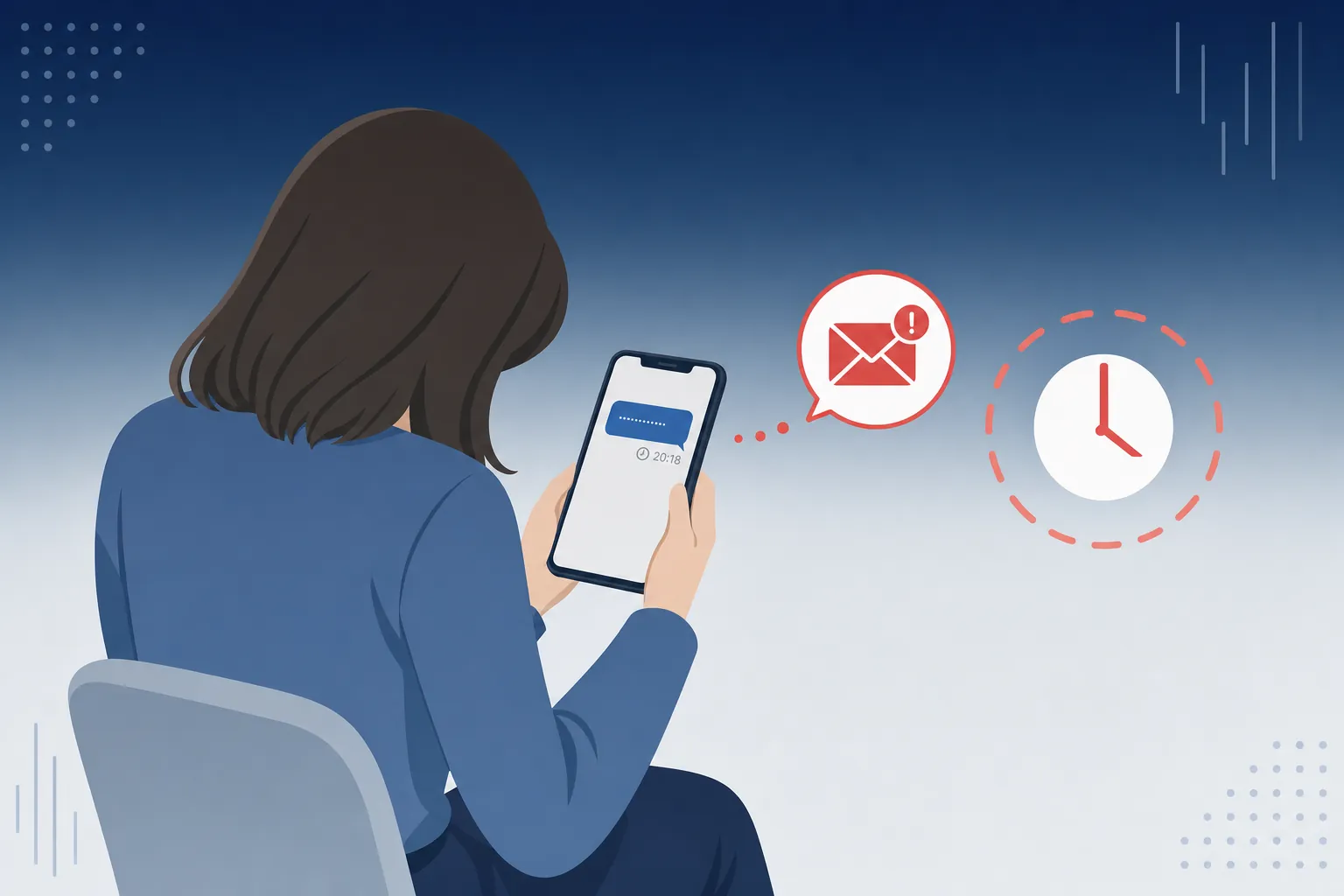 返信のこないスマホ画面を見つめて肩を落とす女性の後ろ姿