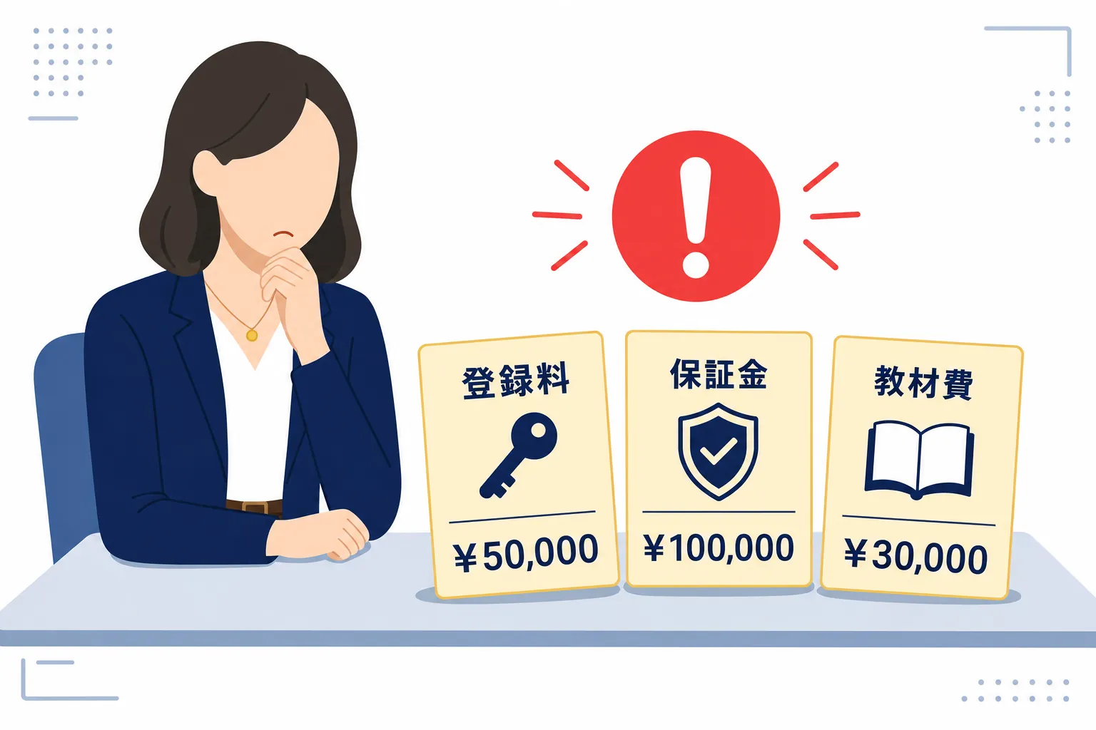 「登録料」「保証金」「教材費」と書かれた請求書を前に悩む女性
