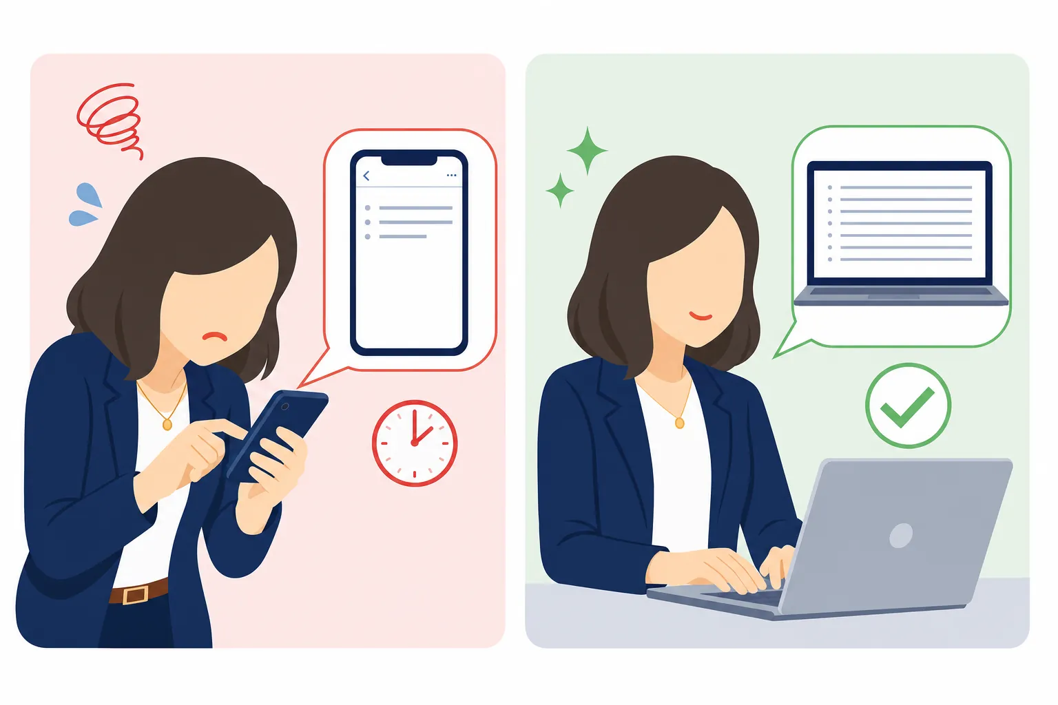 スマホで長文を打つのに苦戦する様子と、パソコンですらすら入力する様子の対比
