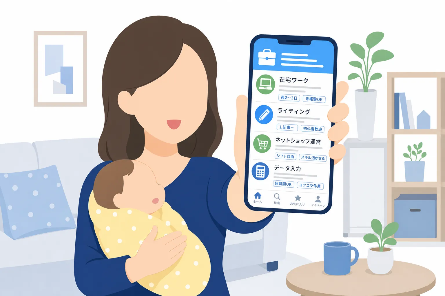赤ちゃんを抱っこしながらスマホで副業の情報を見る母親