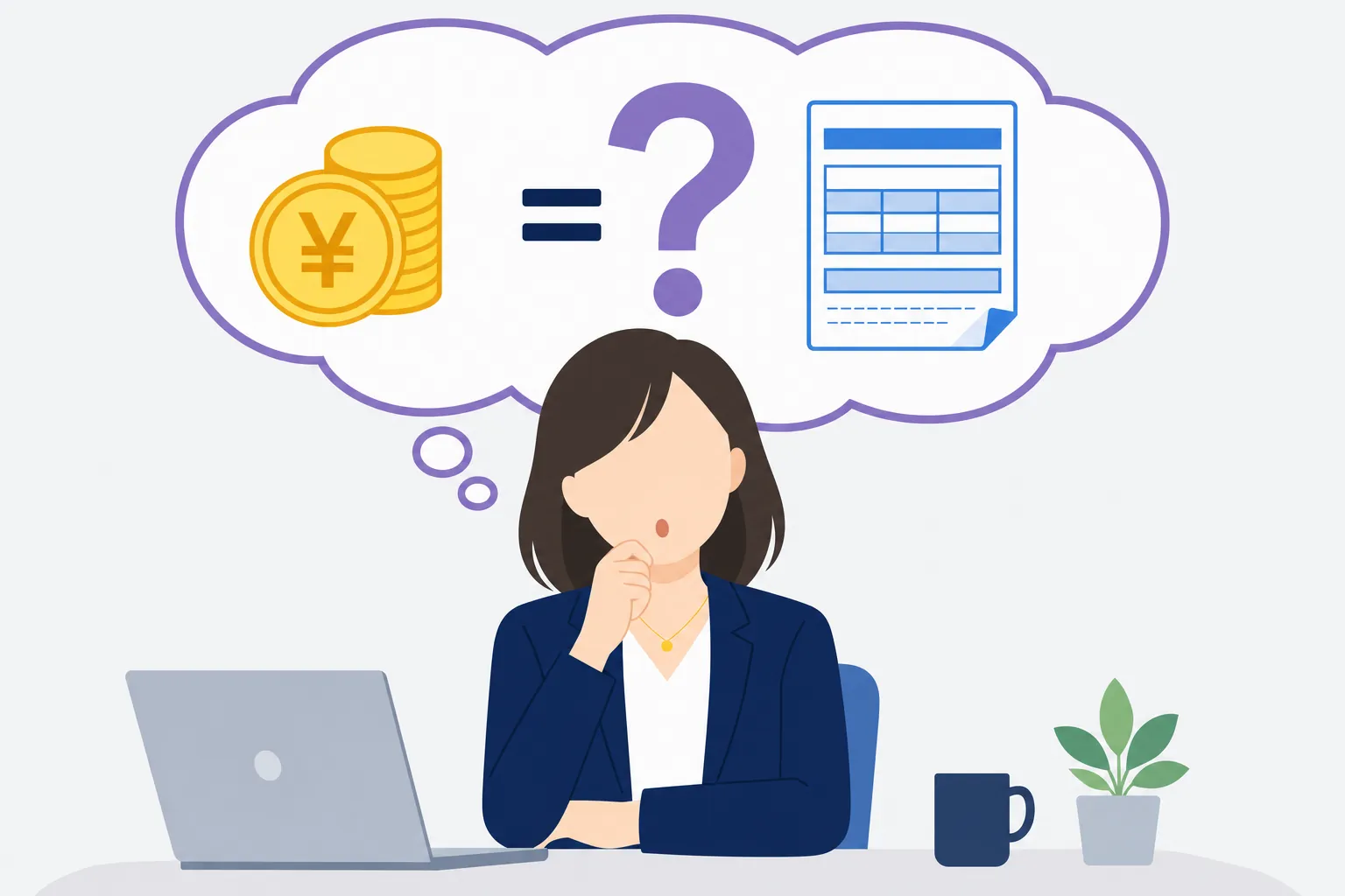 「副業収入は賃金に入る?」という疑問符を前に考え込む女性のイラスト