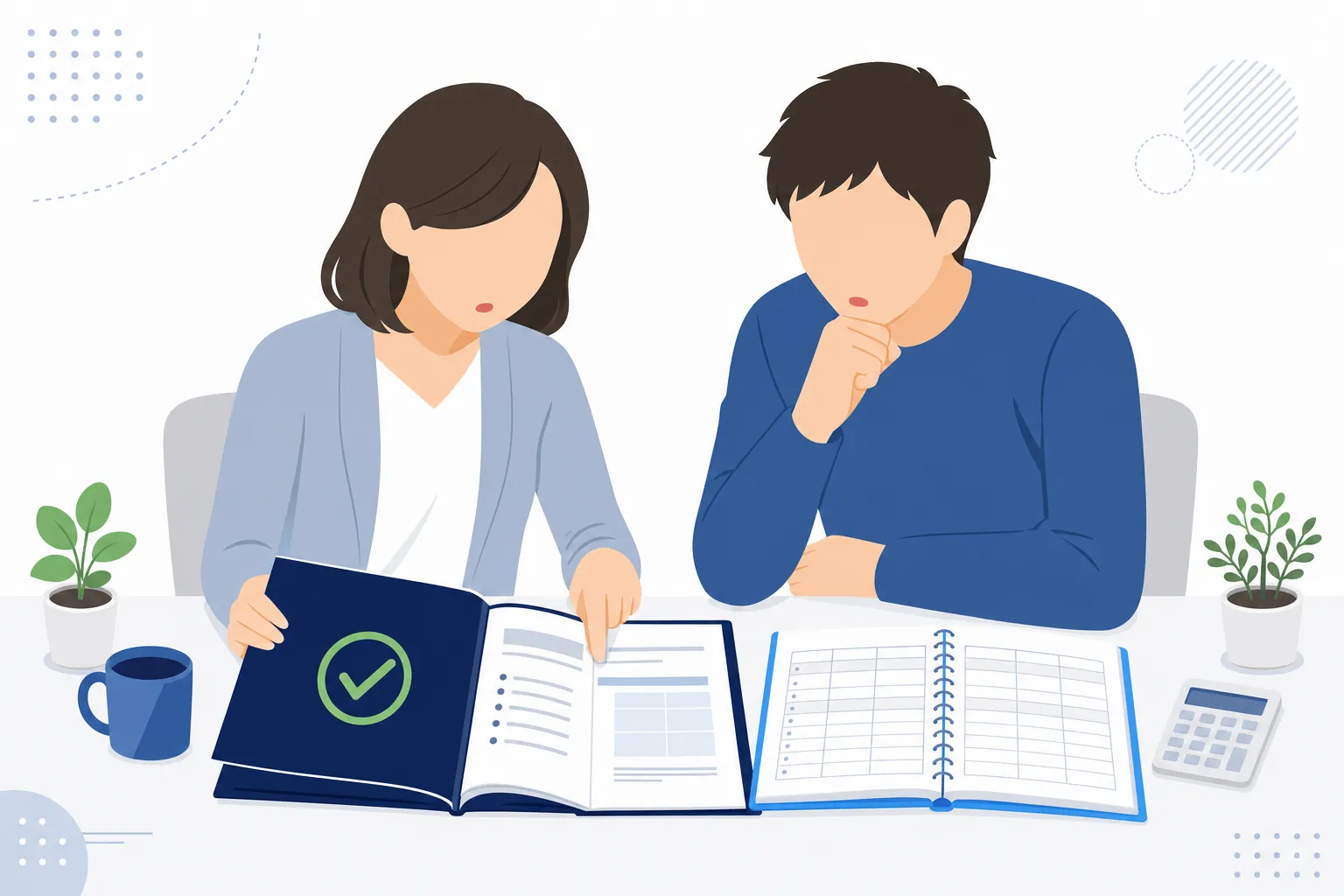 会社の就業規則の冊子と家計簿を並べて確認する夫婦