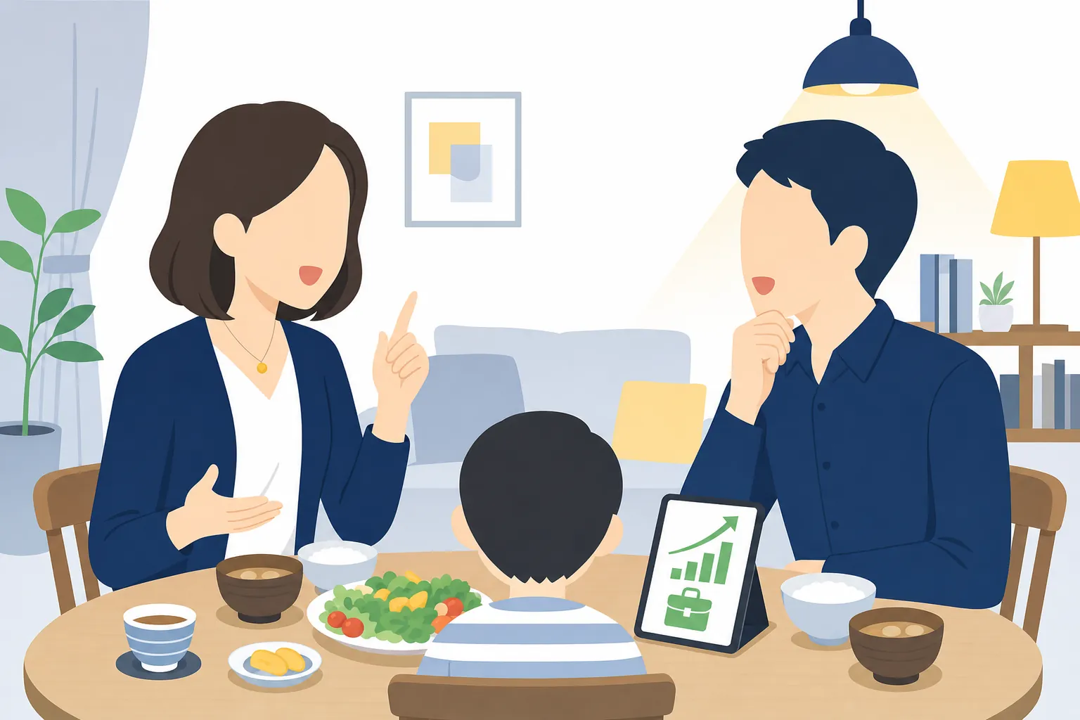 家族で食卓を囲みながら副業のことを話し合う様子
